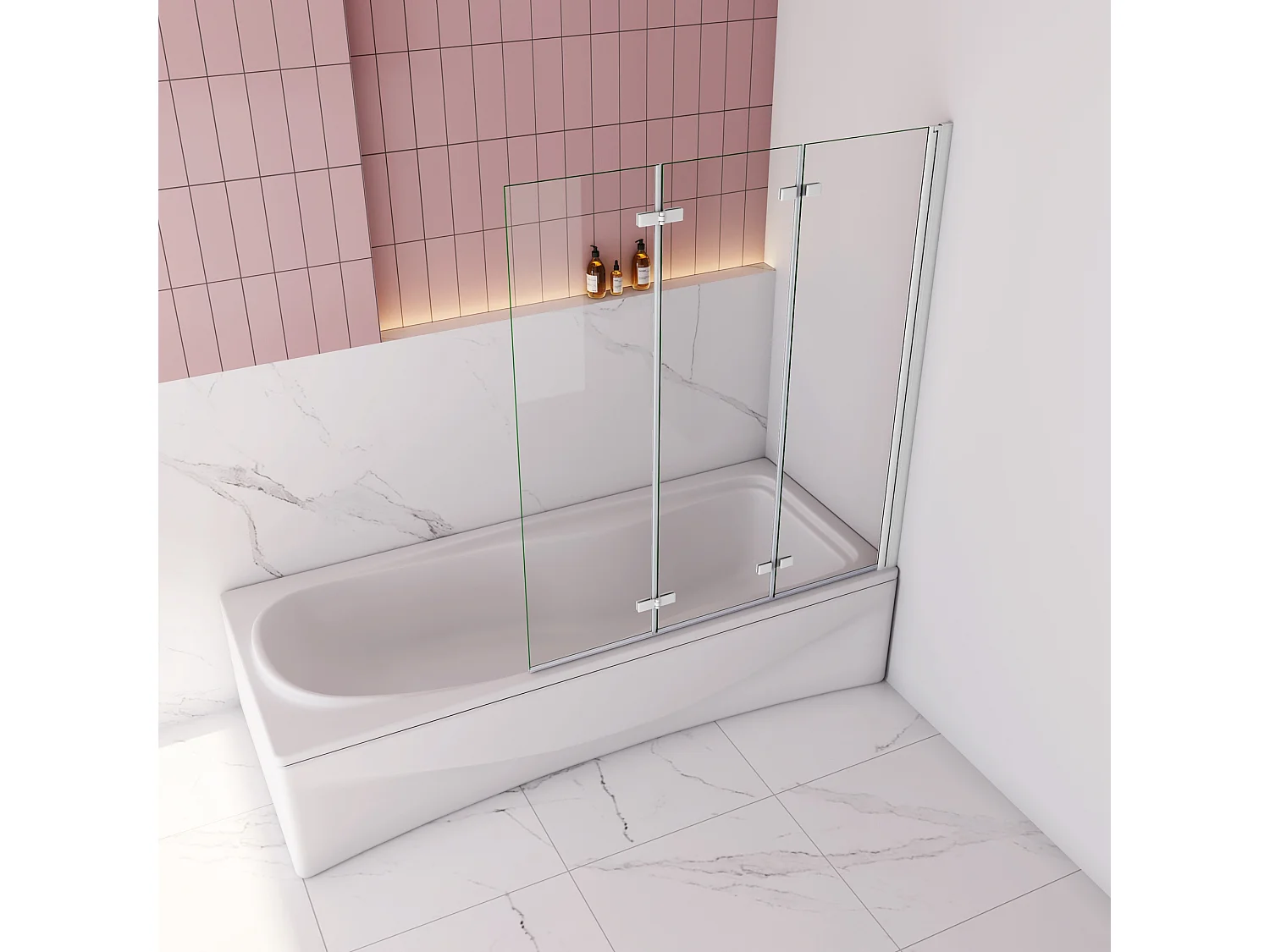 130x140cm Badscherm badwand 3 panelen vouwbaar,6mm NANO helder ESG-veiligheidsglas - mat wit profiel