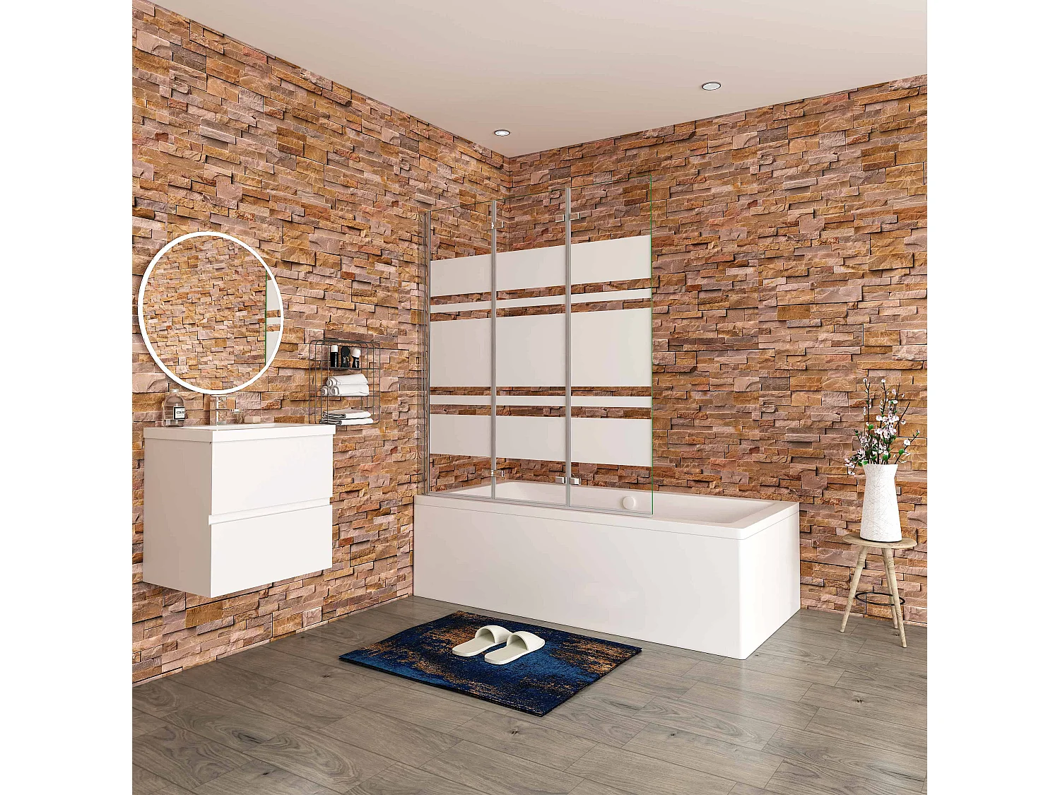 Opvouwbaar badwand 3 panelen vouwbaar 130x140cm,6 mm nano helder veiligheidsglas met horizontale strepen - glanzend chroom