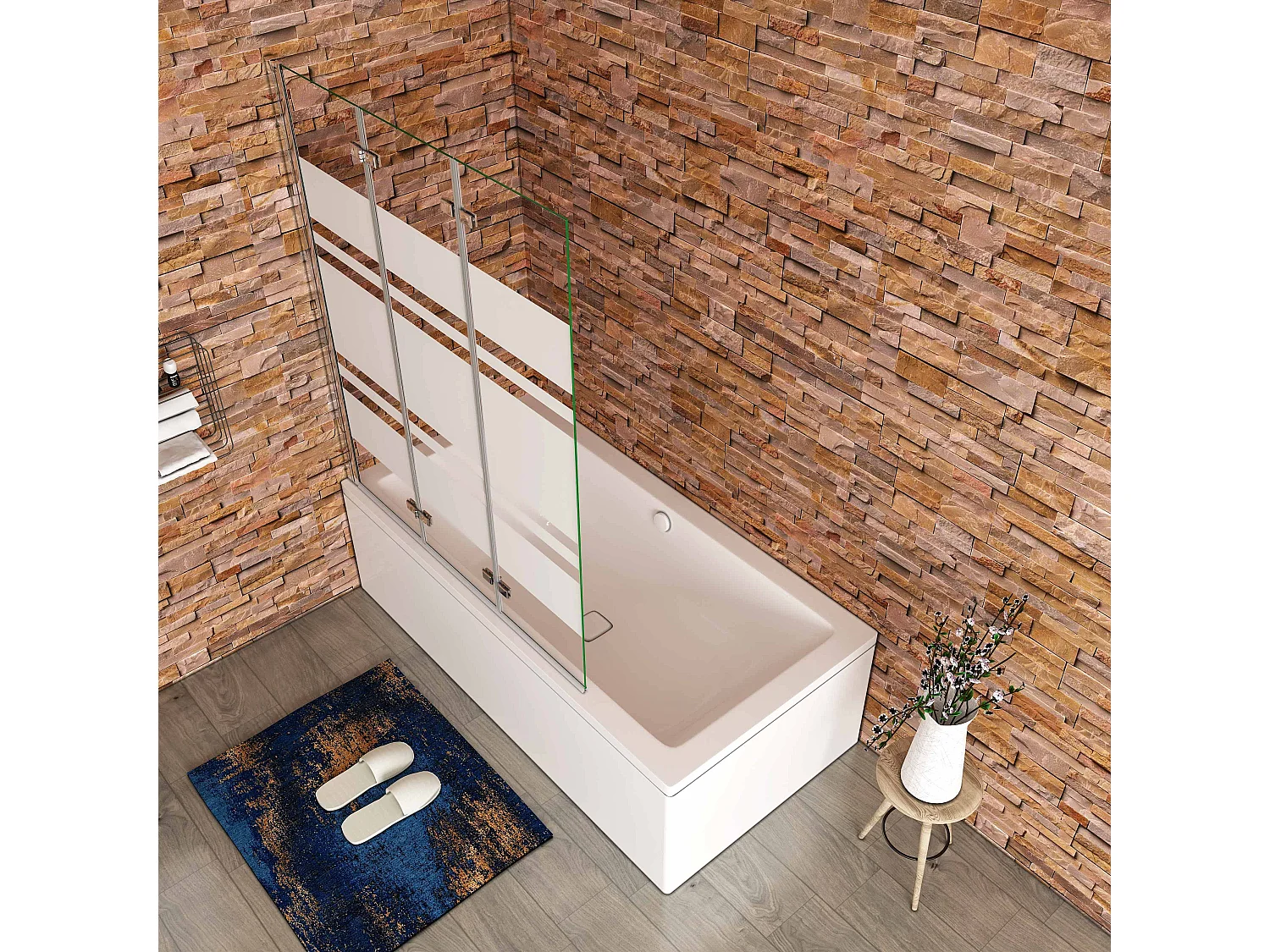 Opvouwbaar badwand 3 panelen vouwbaar 130x140cm,6 mm nano helder veiligheidsglas met horizontale strepen - glanzend chroom