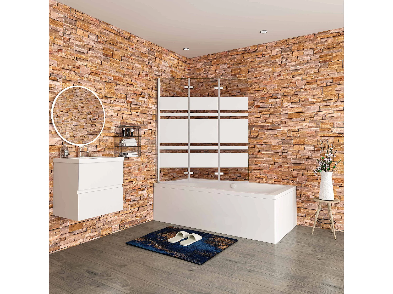 Opvouwbaar badwand 3 panelen vouwbaar 130x140cm,6 mm nano helder veiligheidsglas met horizontale strepen - glanzend chroom