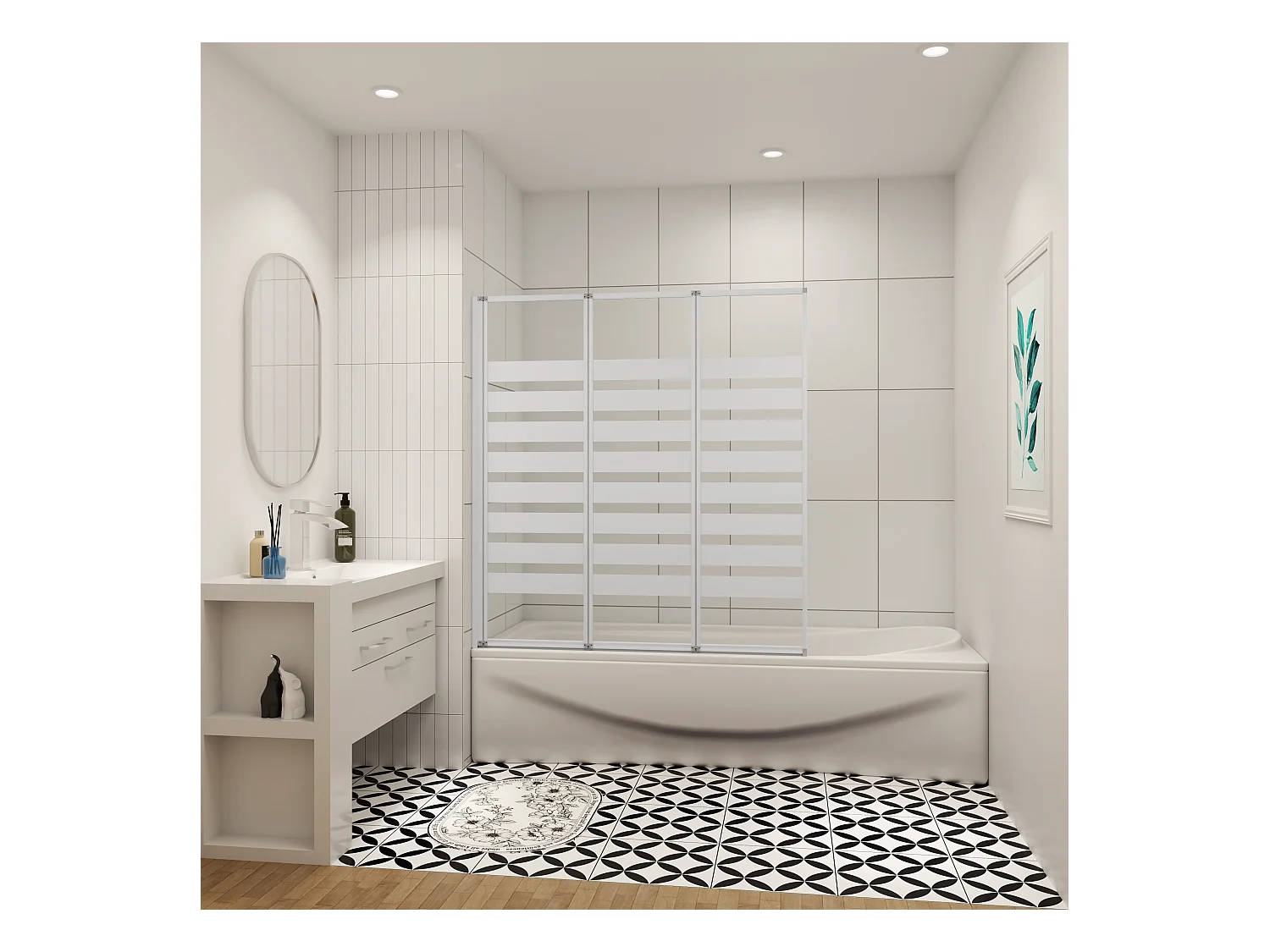 130x140cm Badwand 3-delig vouwbaar,4mm transparant veiligheidsglas met horizontale strepen - mat wit profiel