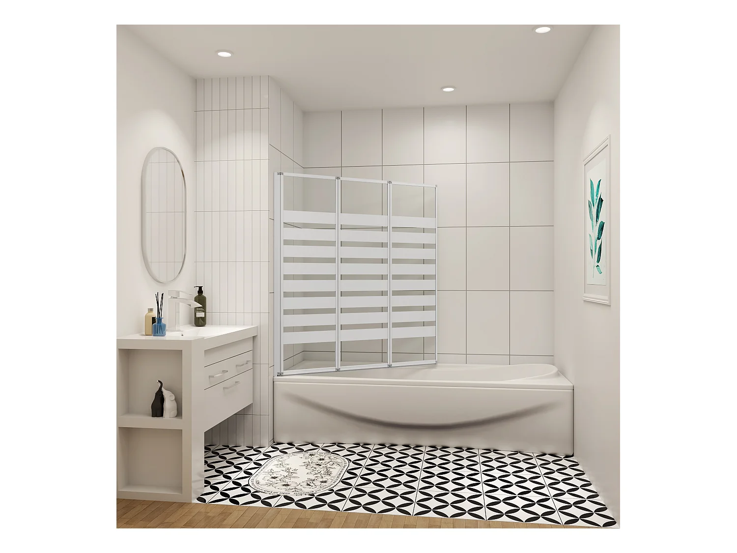 130x140cm Badwand 3-delig vouwbaar,4mm transparant veiligheidsglas met horizontale strepen - mat wit profiel