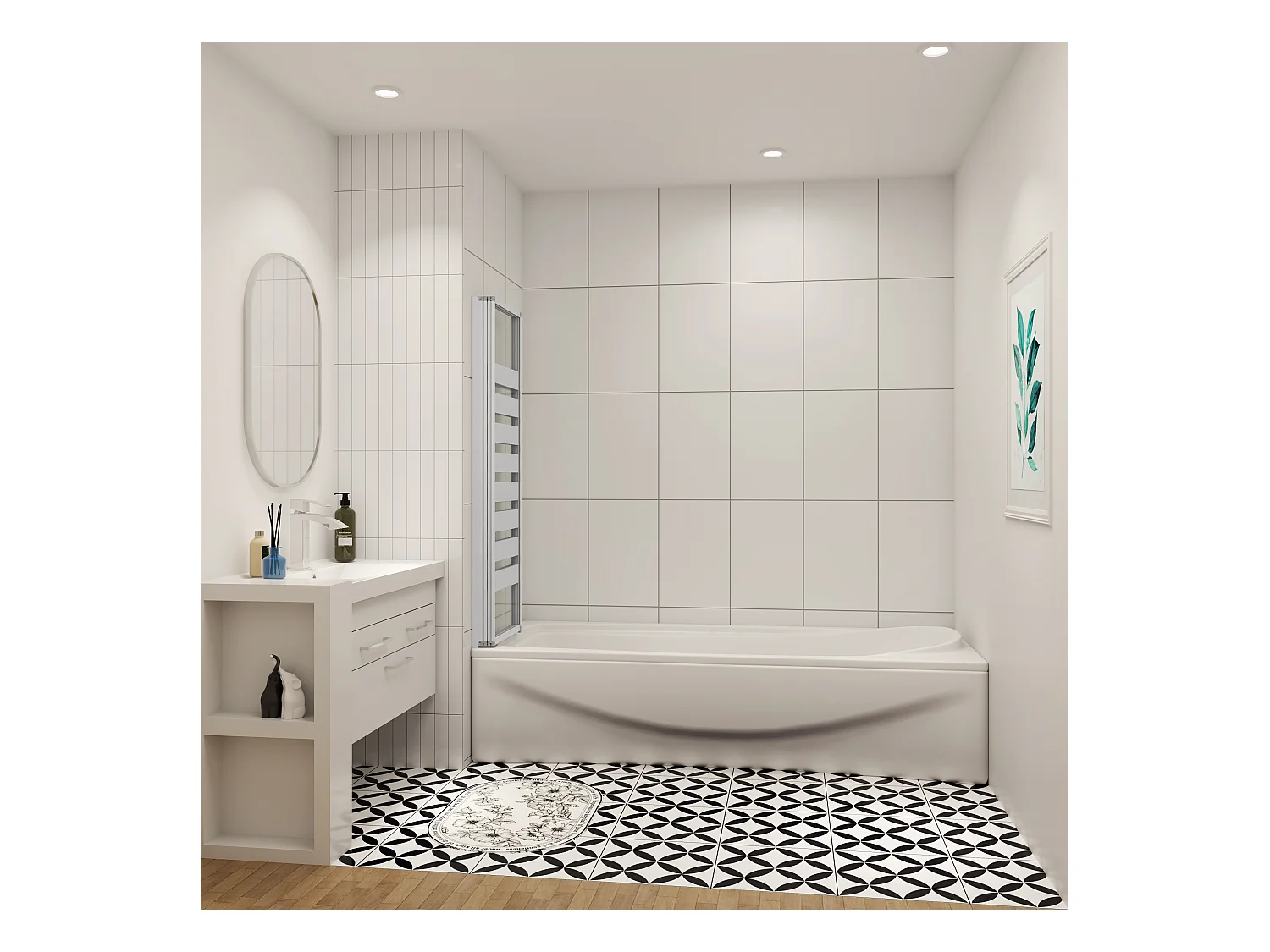 130x140cm Badwand 3-delig vouwbaar,4mm transparant veiligheidsglas met horizontale strepen - mat wit profiel