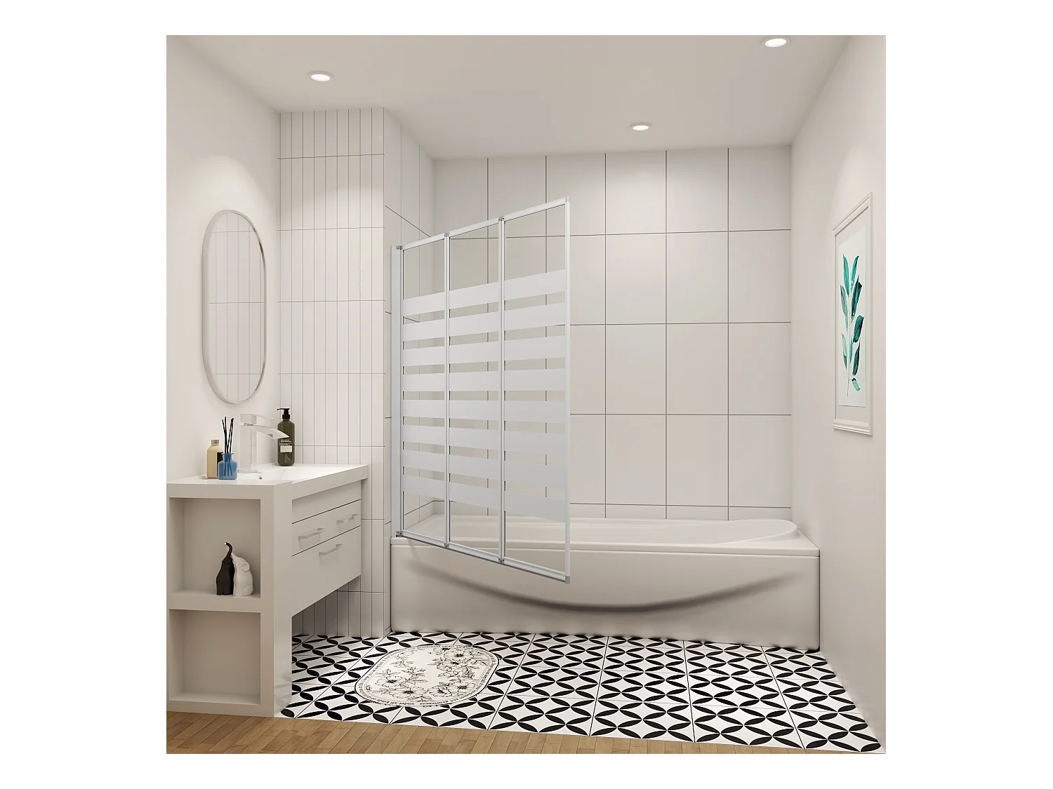 130x140cm Badwand 3-delig vouwbaar,4mm transparant veiligheidsglas met horizontale strepen - mat wit profiel