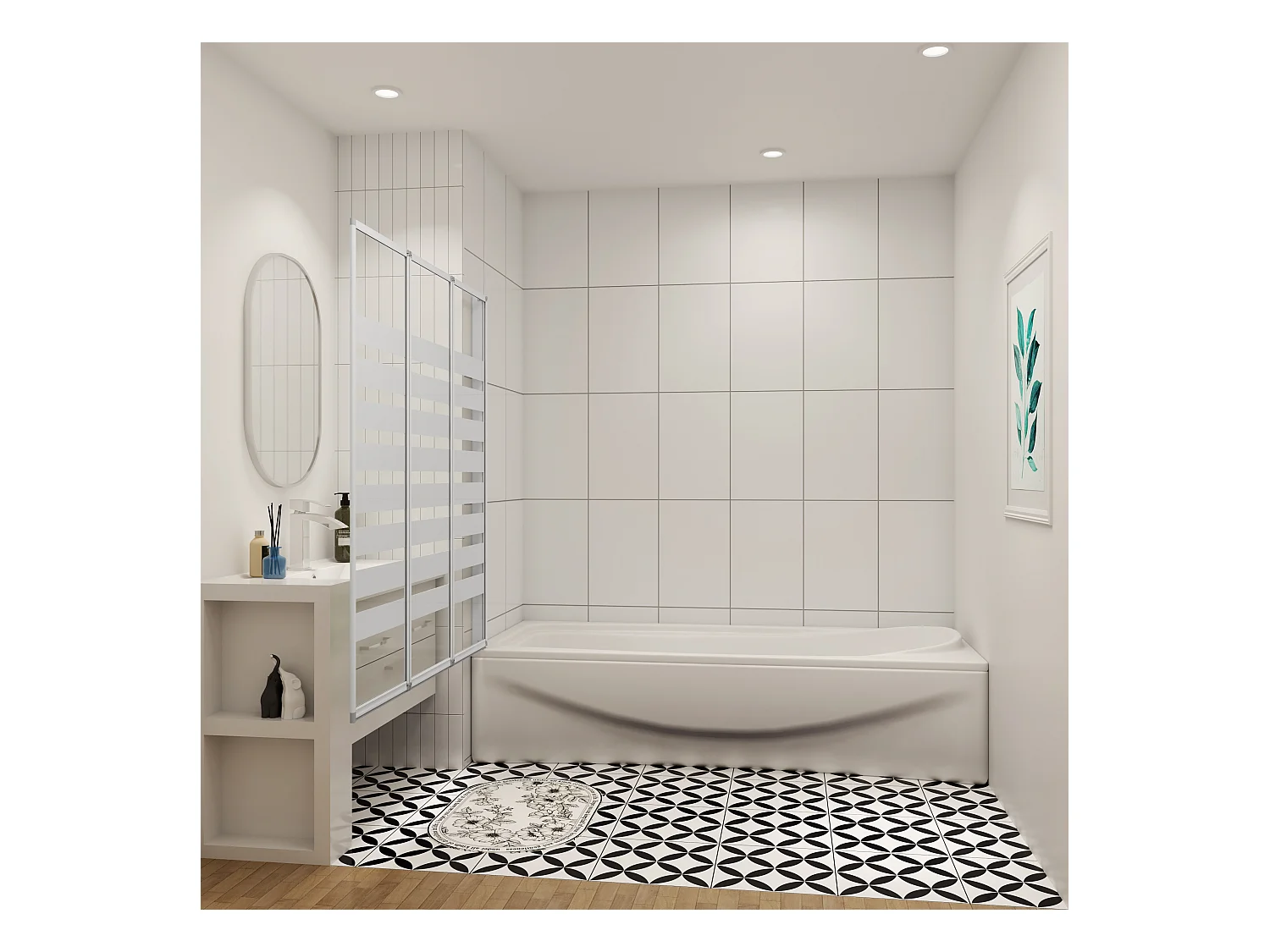 130x140cm Badwand 3-delig vouwbaar,4mm transparant veiligheidsglas met horizontale strepen - mat wit profiel