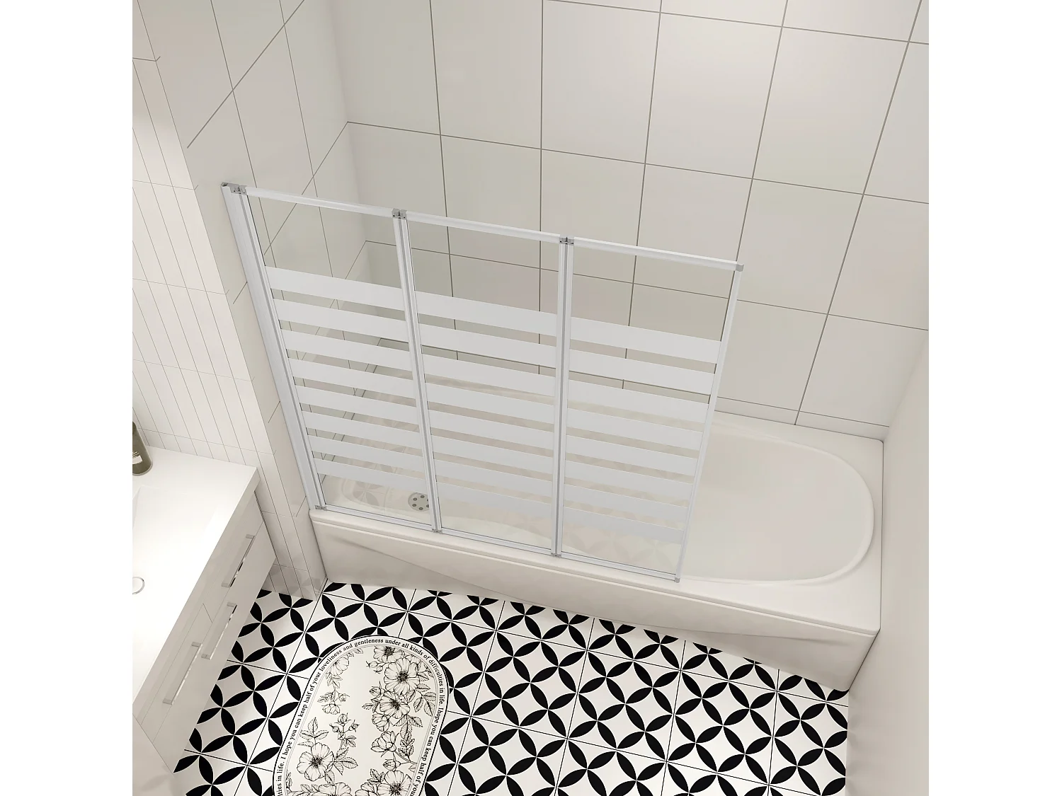 130x140cm Badwand 3-delig vouwbaar,4mm transparant veiligheidsglas met horizontale strepen - mat wit profiel