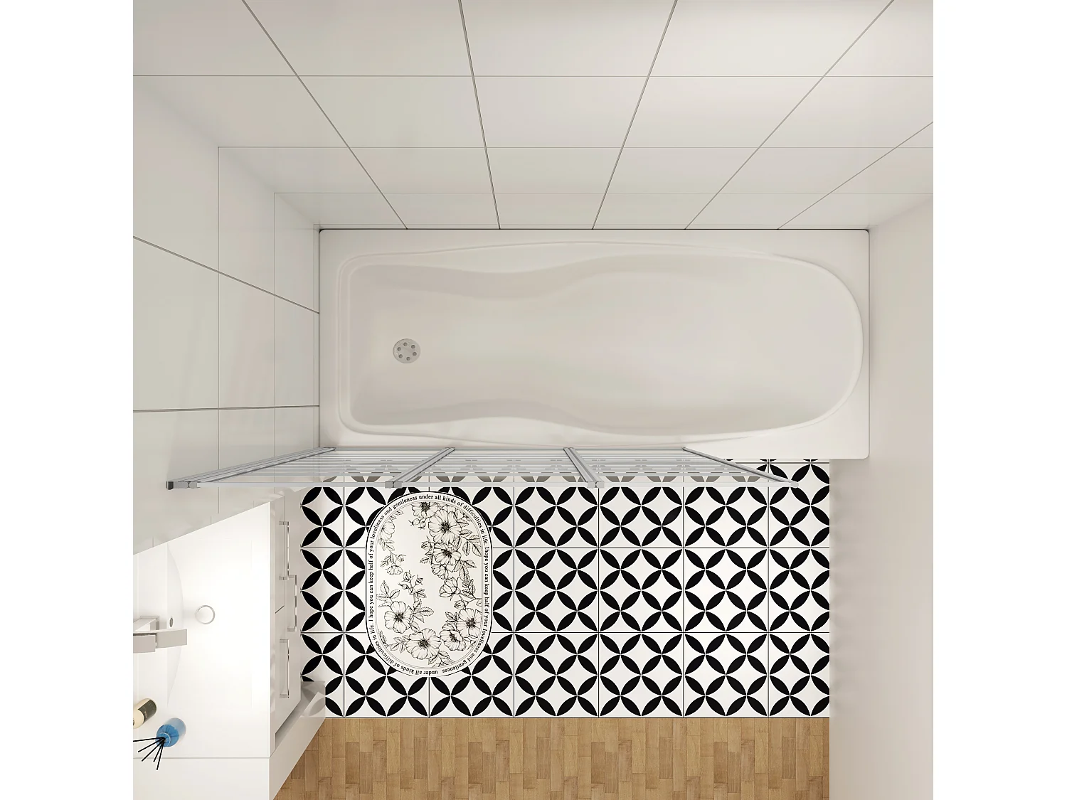 130x140cm Badwand 3-delig vouwbaar,4mm transparant veiligheidsglas met horizontale strepen - mat wit profiel