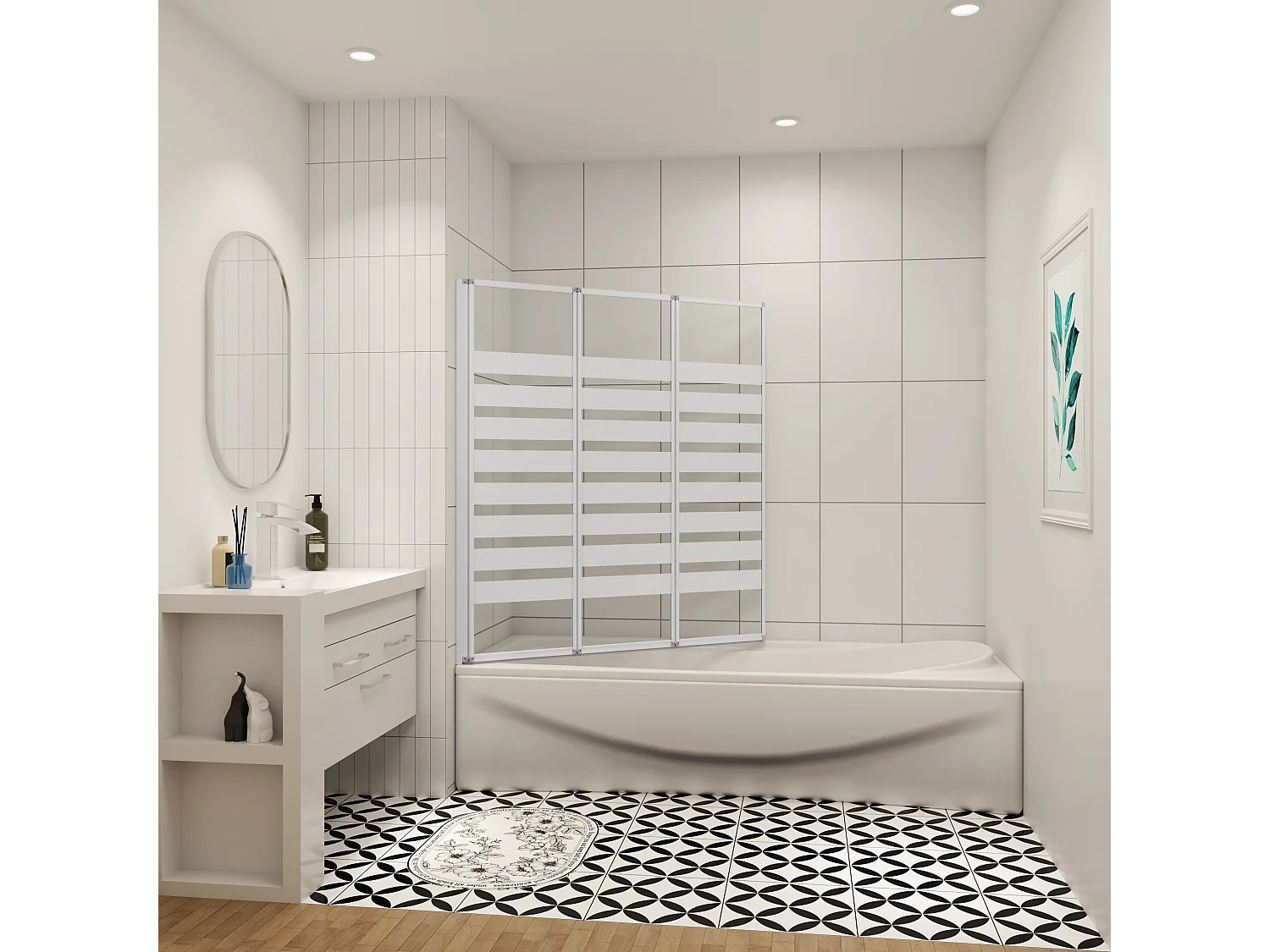 130x140cm Badwand 3-delig vouwbaar,4mm transparant veiligheidsglas met horizontale strepen - mat wit profiel