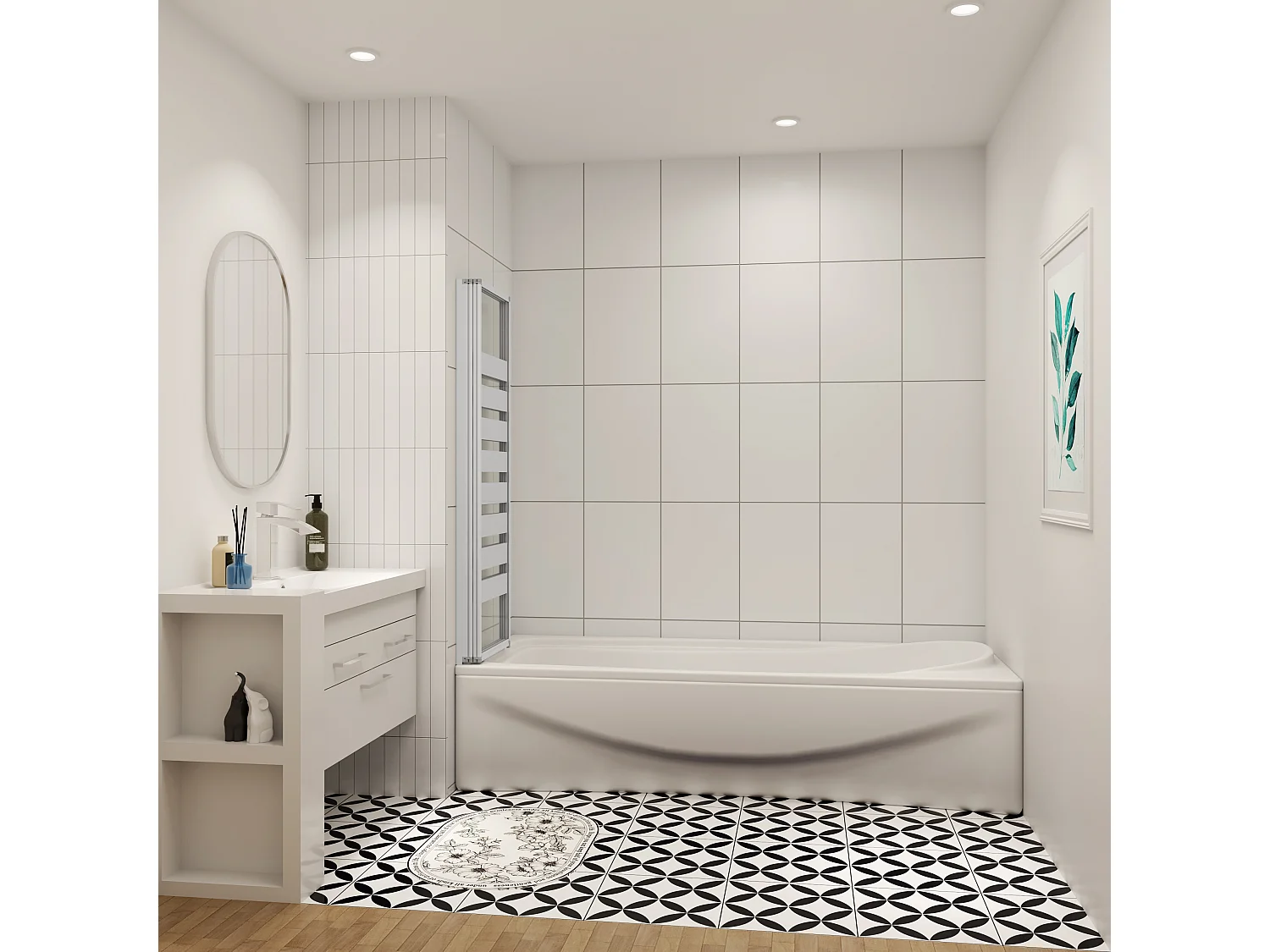 130x140cm Badwand 3-delig vouwbaar,4mm transparant veiligheidsglas met horizontale strepen - mat wit profiel