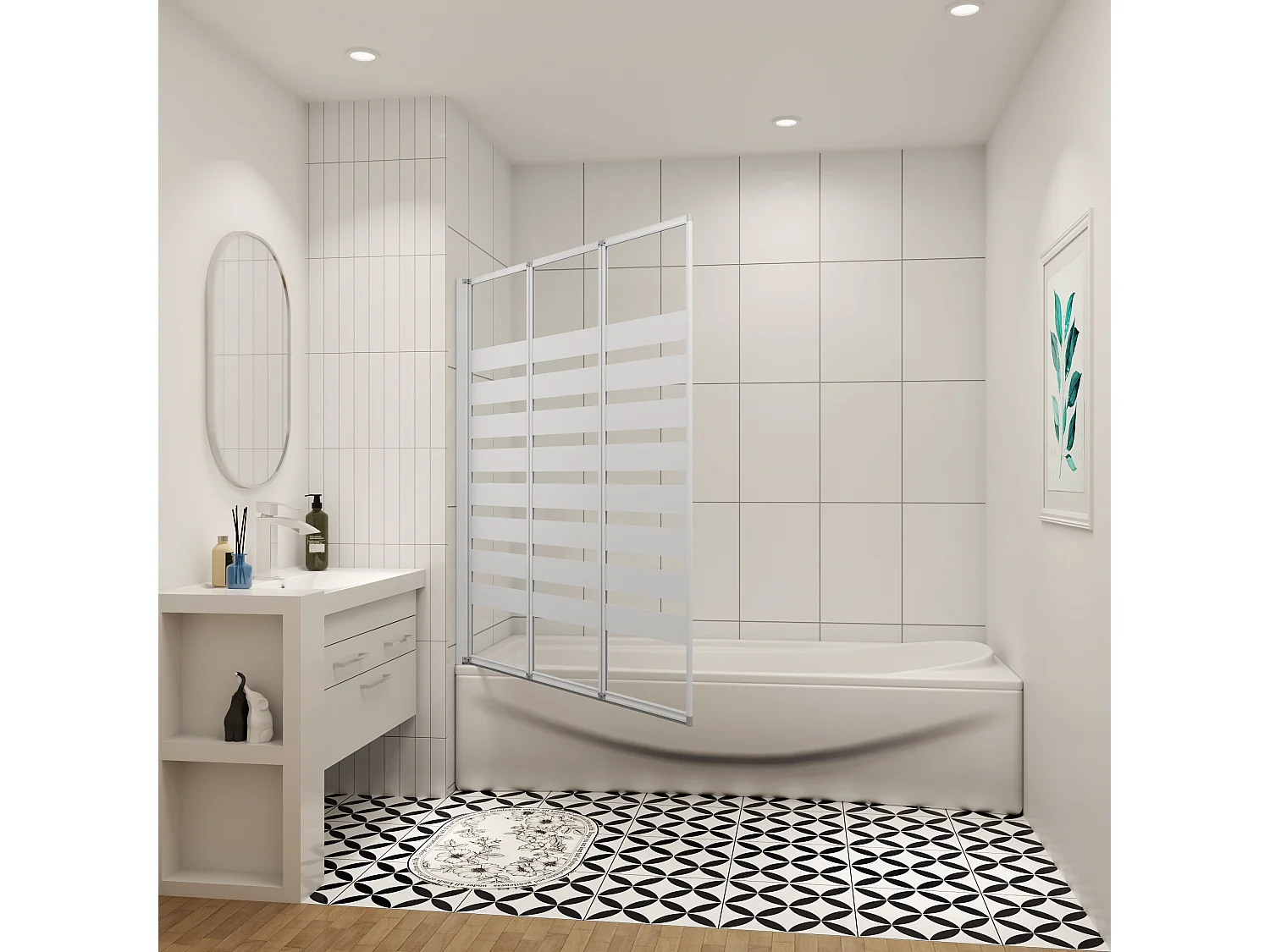 130x140cm Badwand 3-delig vouwbaar,4mm transparant veiligheidsglas met horizontale strepen - mat wit profiel