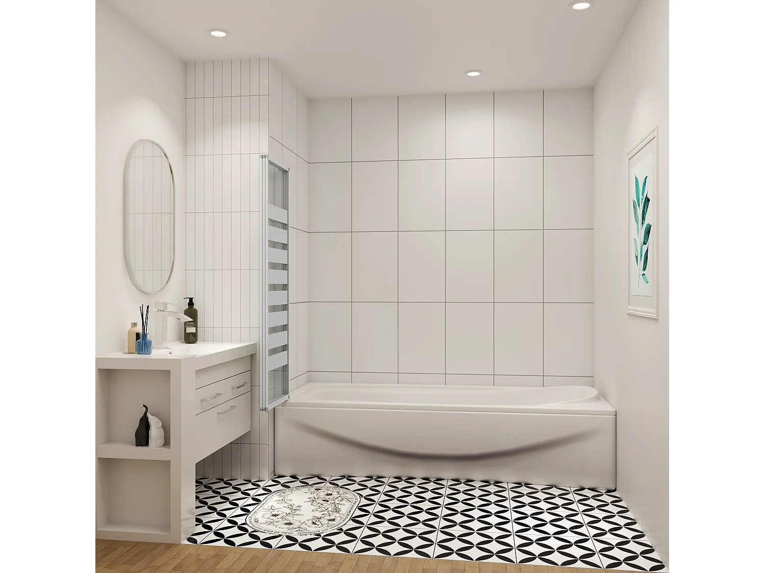 130x140cm Badwand 3-delig vouwbaar,4mm transparant veiligheidsglas met horizontale strepen - mat wit profiel