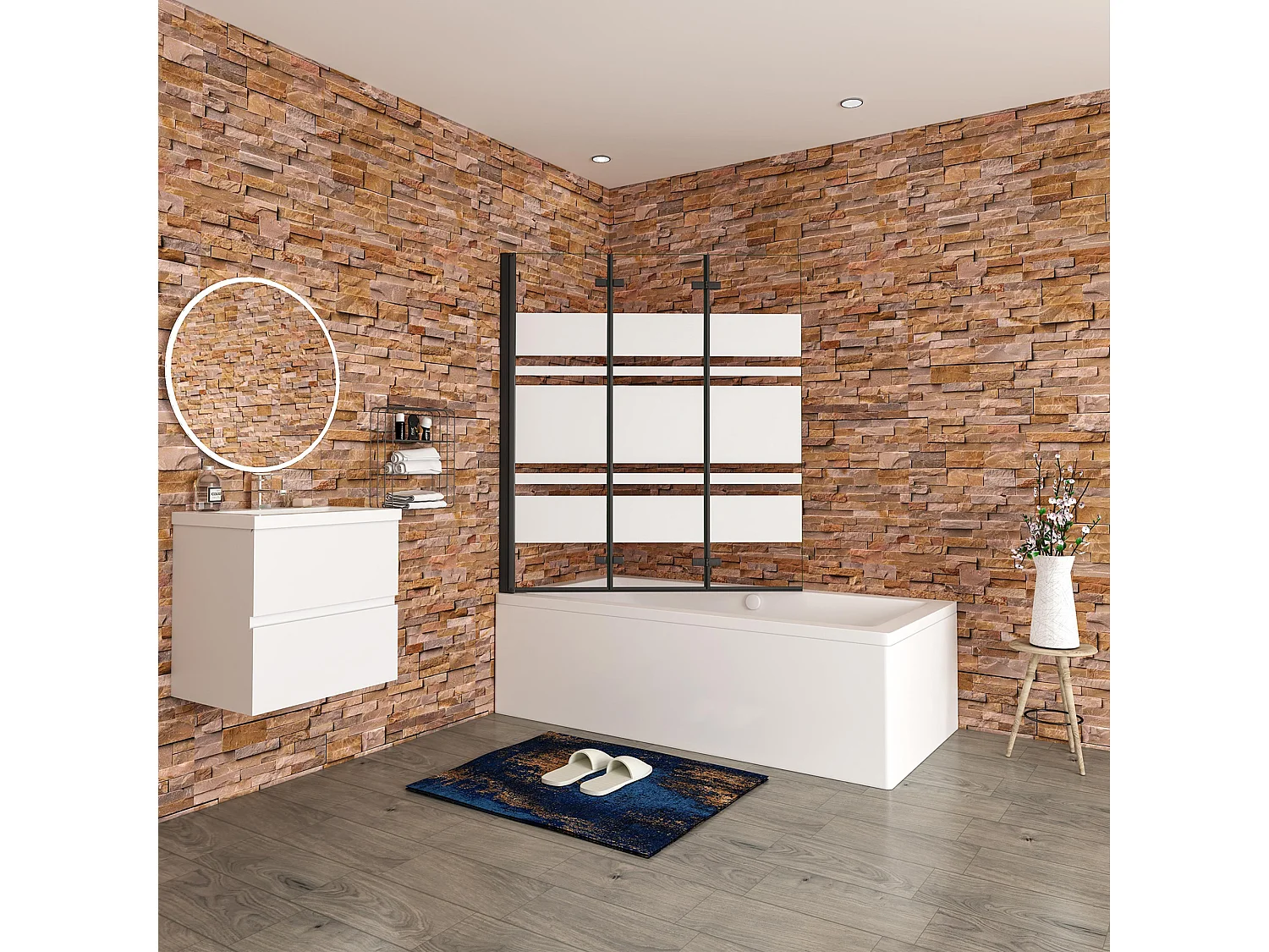 Opvouwbaar badwand 3 panelen vouwbaar 130x140cm,6 mm nano helder veiligheidsglas met horizontale strepen - mat zwart profiel