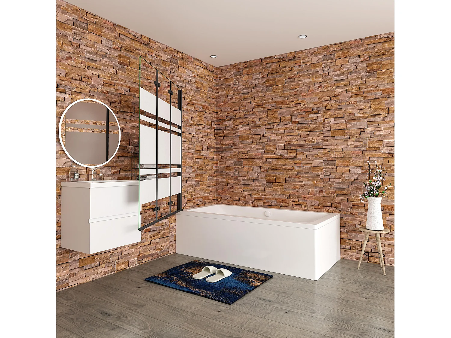 Opvouwbaar badwand 3 panelen vouwbaar 130x140cm,6 mm nano helder veiligheidsglas met horizontale strepen - mat zwart profiel