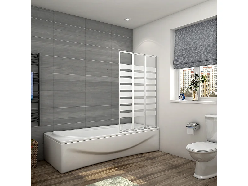 130x140cm Badwand 3-delig vouwbaar,4 mm transparant veiligheidsglas met horizontale strepen - mat wit profiel