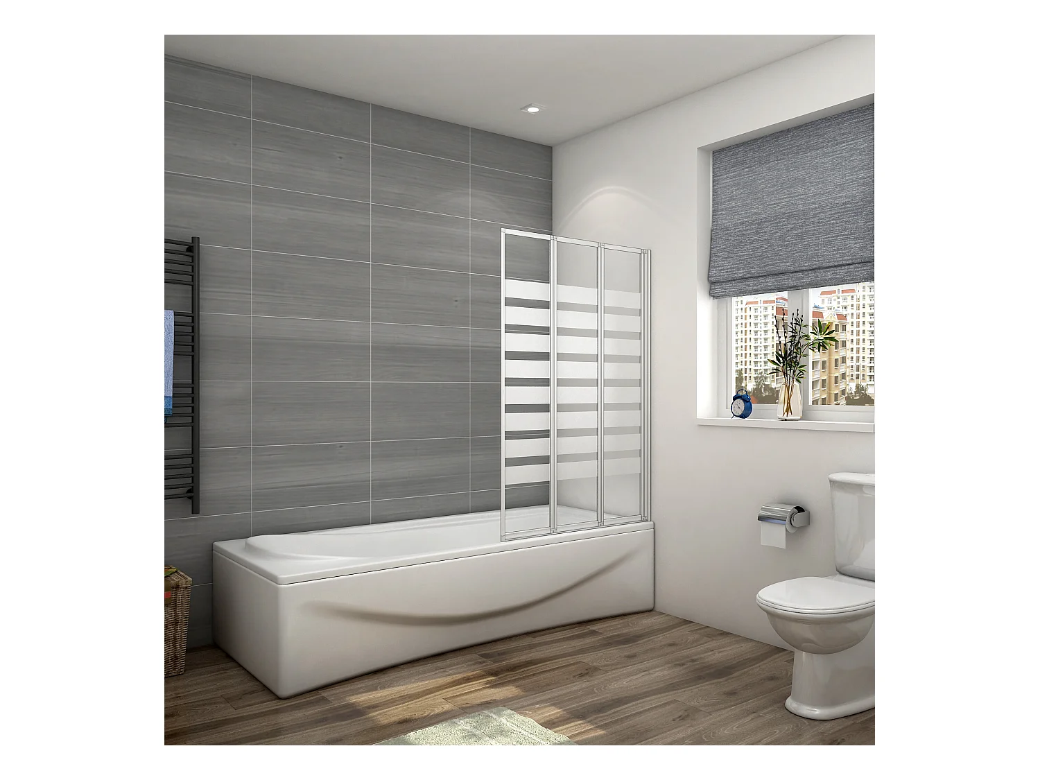 130x140cm Badwand 3-delig vouwbaar,4 mm transparant veiligheidsglas met horizontale strepen - mat wit profiel