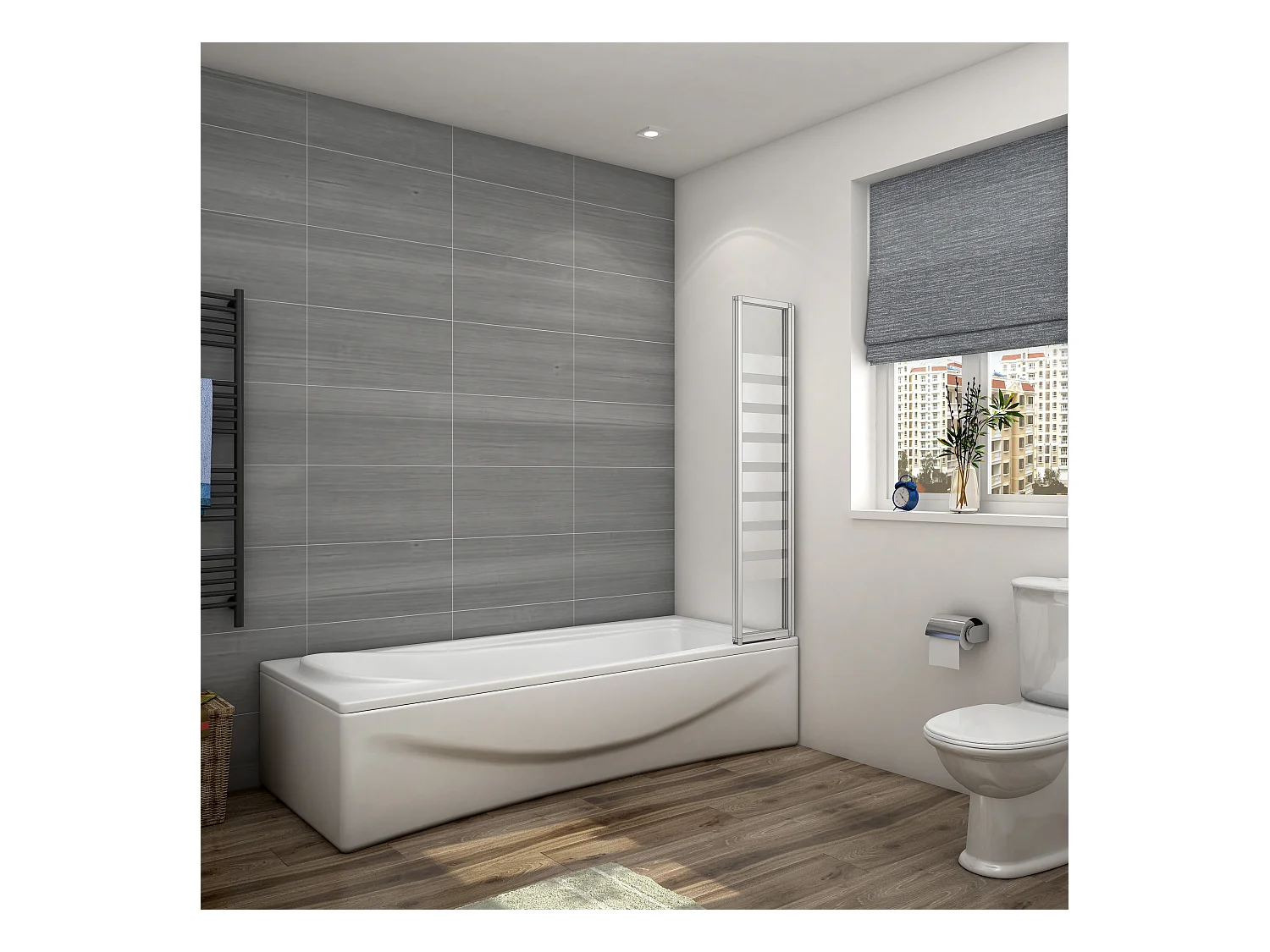 130x140cm Badwand 3-delig vouwbaar,4 mm transparant veiligheidsglas met horizontale strepen - mat wit profiel