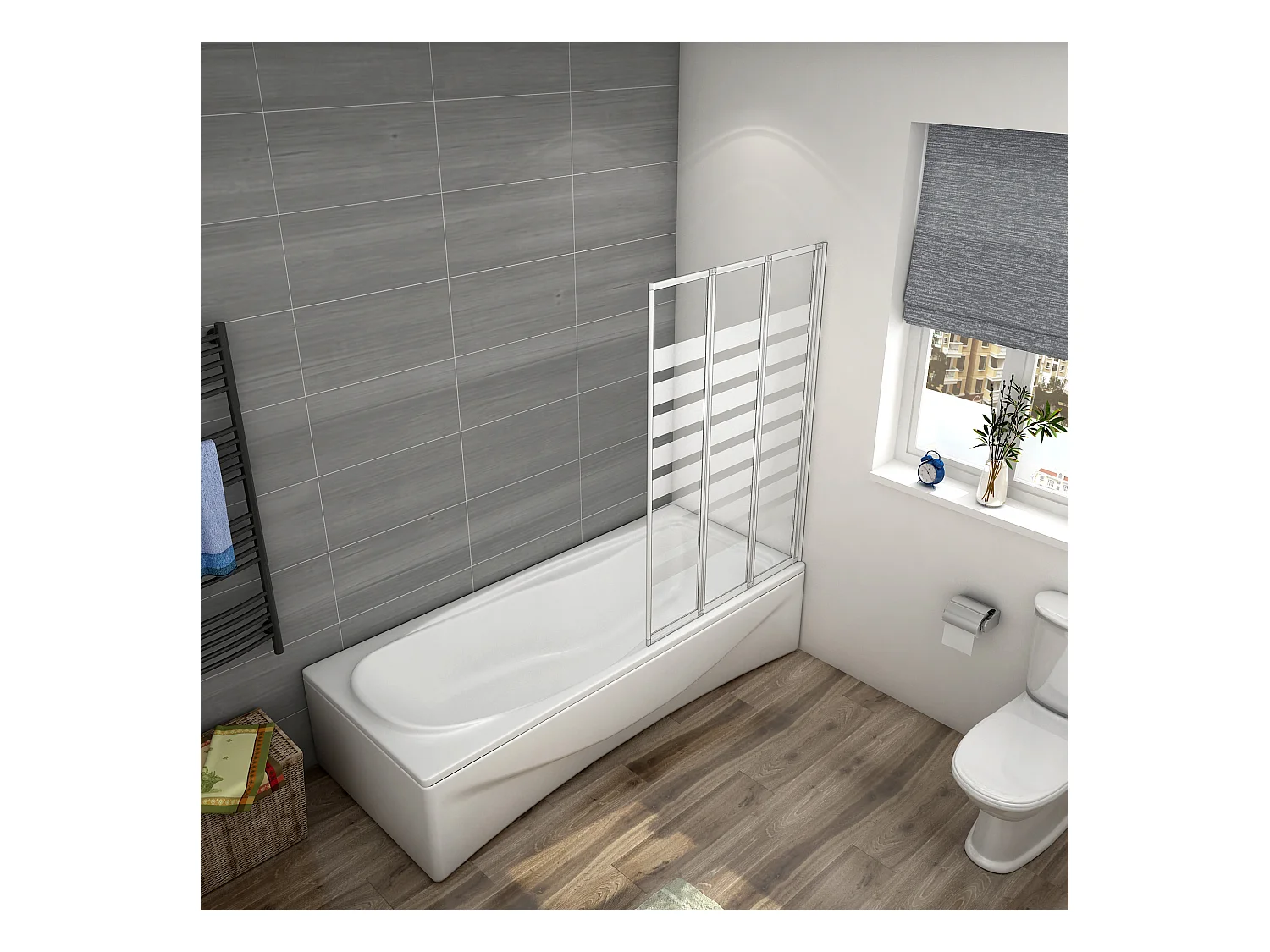 130x140cm Badwand 3-delig vouwbaar,4 mm transparant veiligheidsglas met horizontale strepen - mat wit profiel