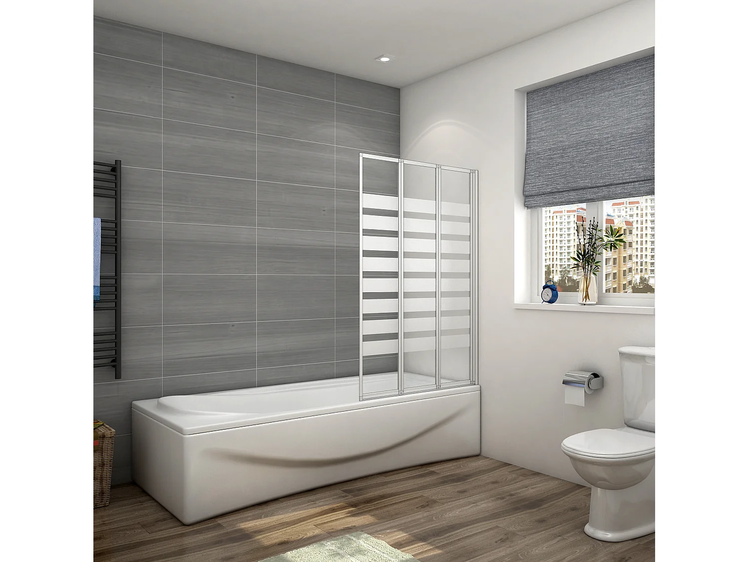 130x140cm Badwand 3-delig vouwbaar,4 mm transparant veiligheidsglas met horizontale strepen - mat wit profiel