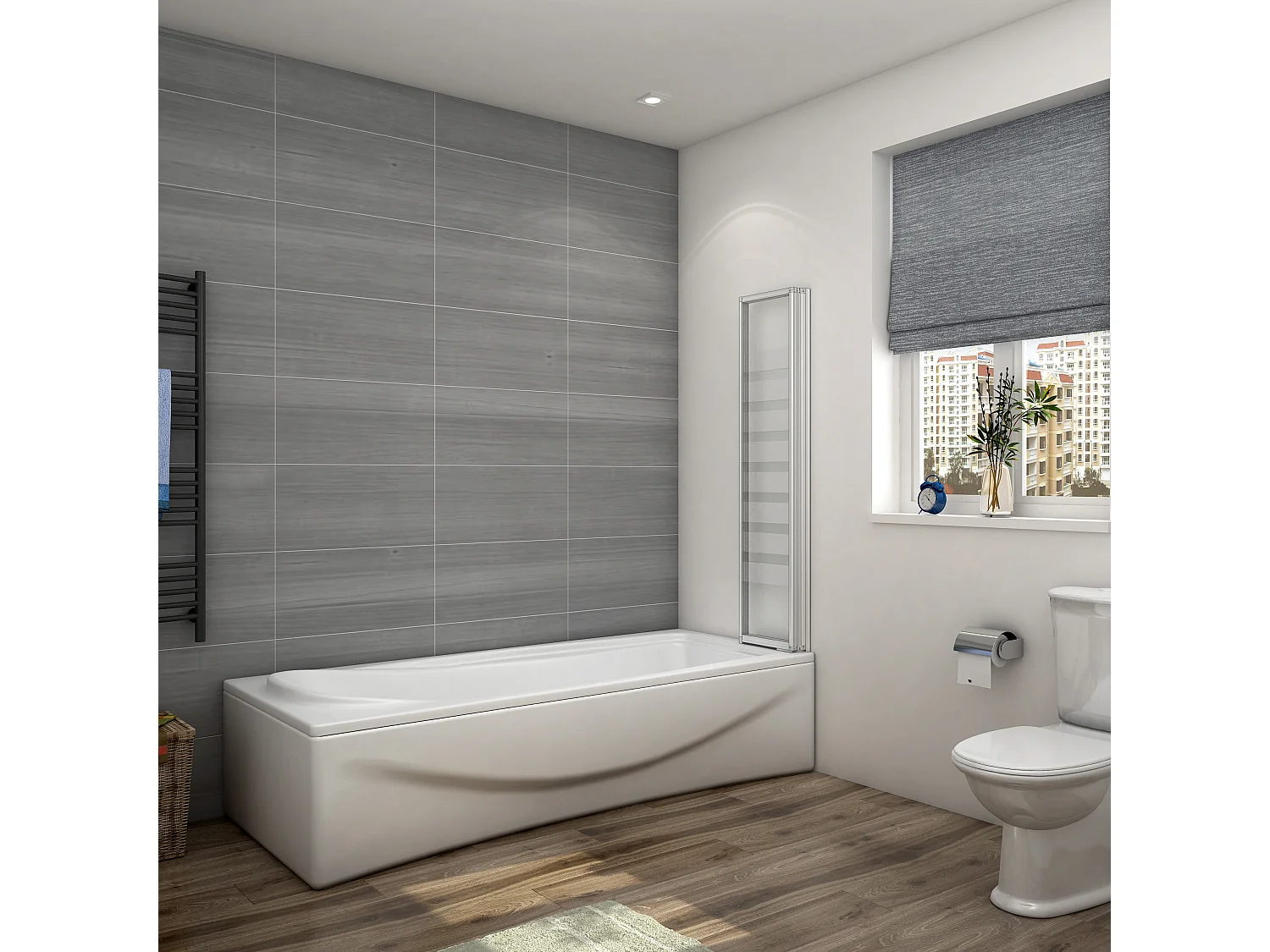 130x140cm Badwand 3-delig vouwbaar,4 mm transparant veiligheidsglas met horizontale strepen - mat wit profiel