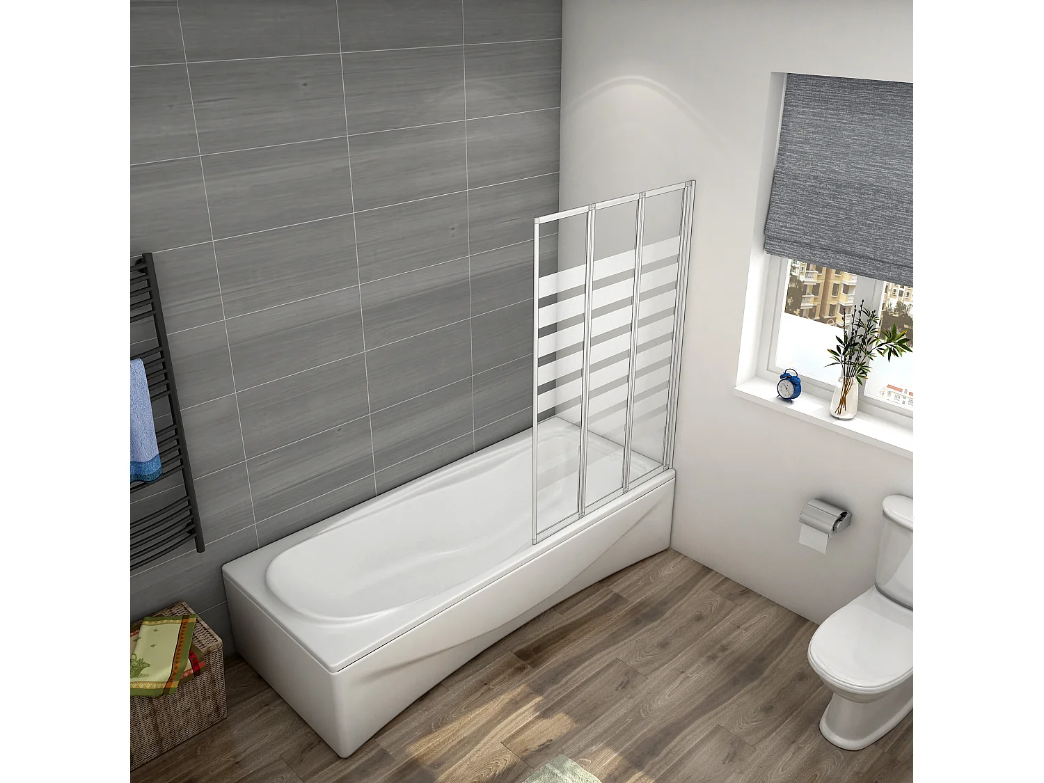 130x140cm Badwand 3-delig vouwbaar,4 mm transparant veiligheidsglas met horizontale strepen - mat wit profiel