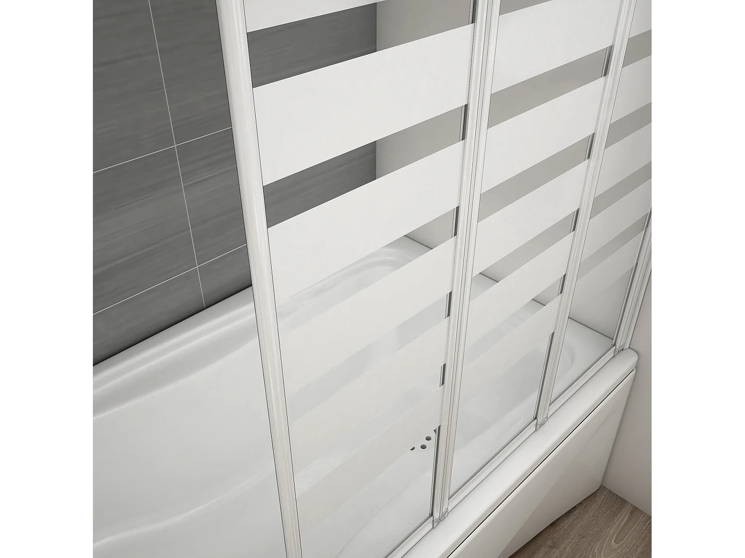 130x140cm Badwand 3-delig vouwbaar,4 mm transparant veiligheidsglas met horizontale strepen - mat wit profiel