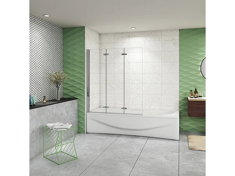 130x140cm Badscherm badwand 3 panelen vouwbaar,6mm NANO helder ESG-veiligheidsglas,profiel van glanzend chroom