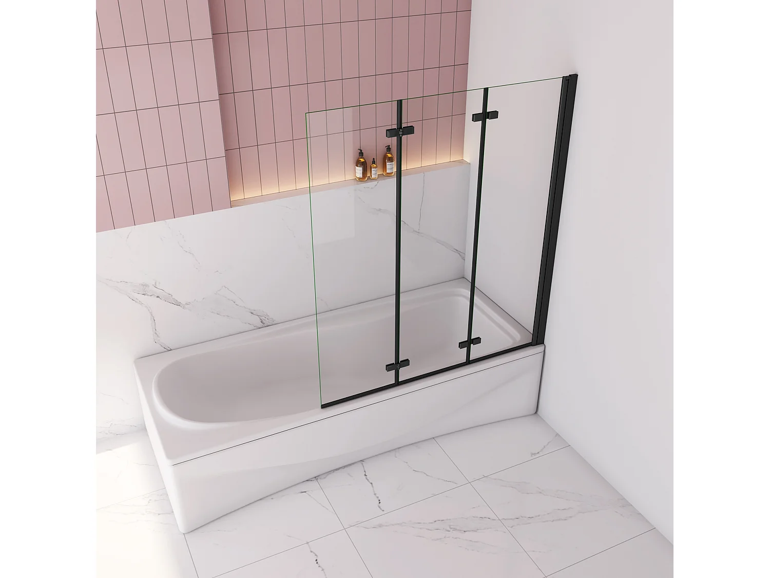 130x140cm Badscherm badwand 3 panelen vouwbaar,6mm NANO helder ESG-veiligheidsglas- mat zwart profiel