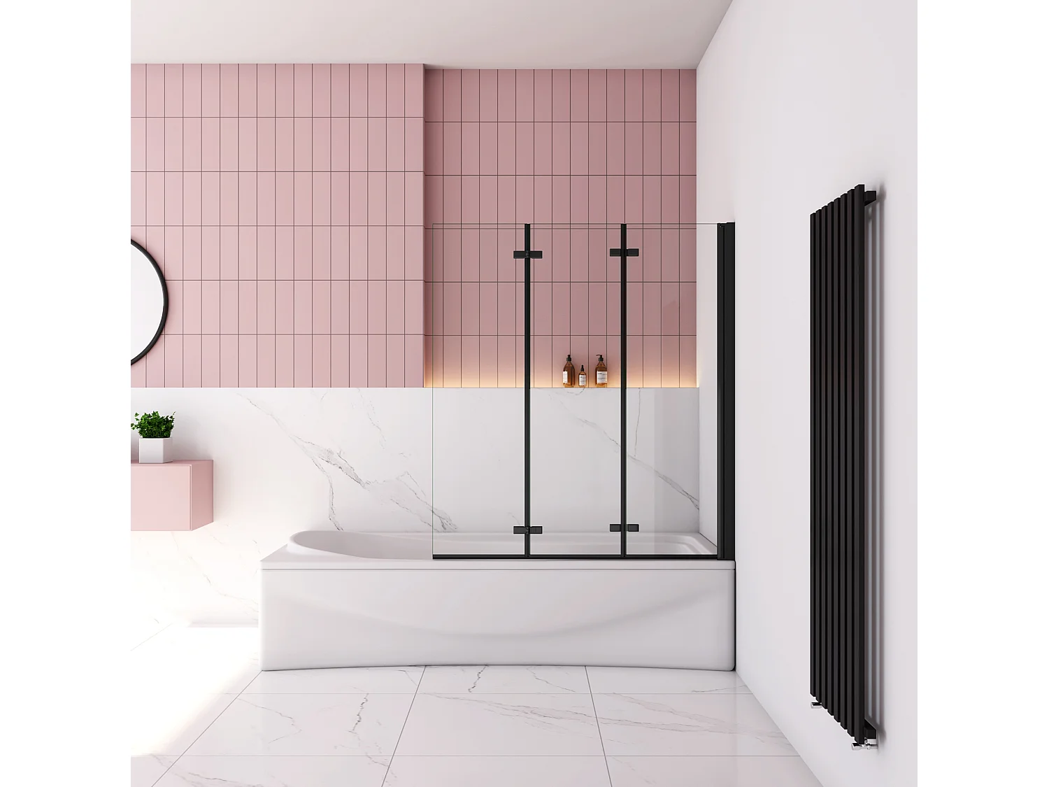 130x140cm Badscherm badwand 3 panelen vouwbaar,6mm NANO helder ESG-veiligheidsglas- mat zwart profiel