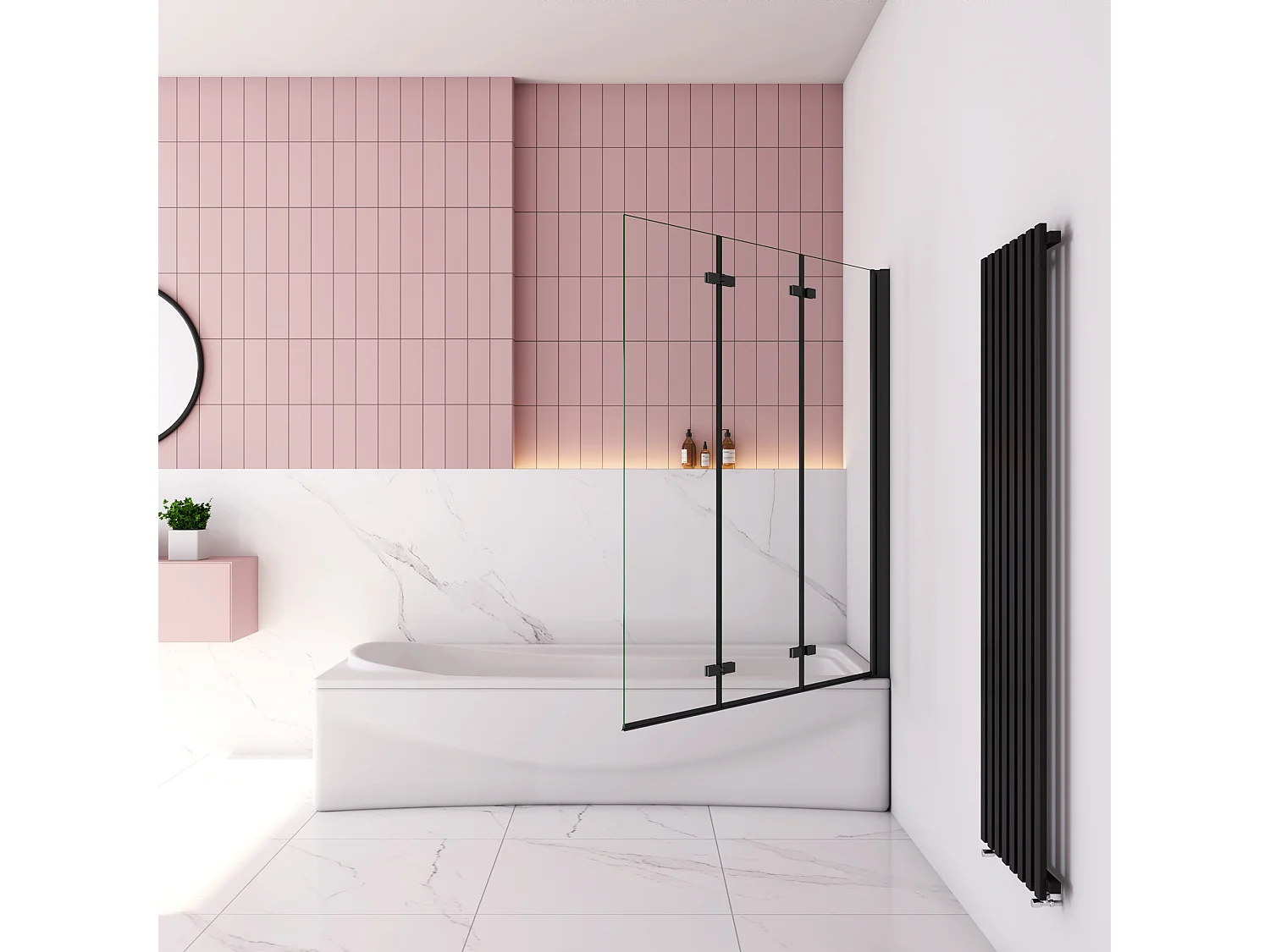 130x140cm Badscherm badwand 3 panelen vouwbaar,6mm NANO helder ESG-veiligheidsglas- mat zwart profiel