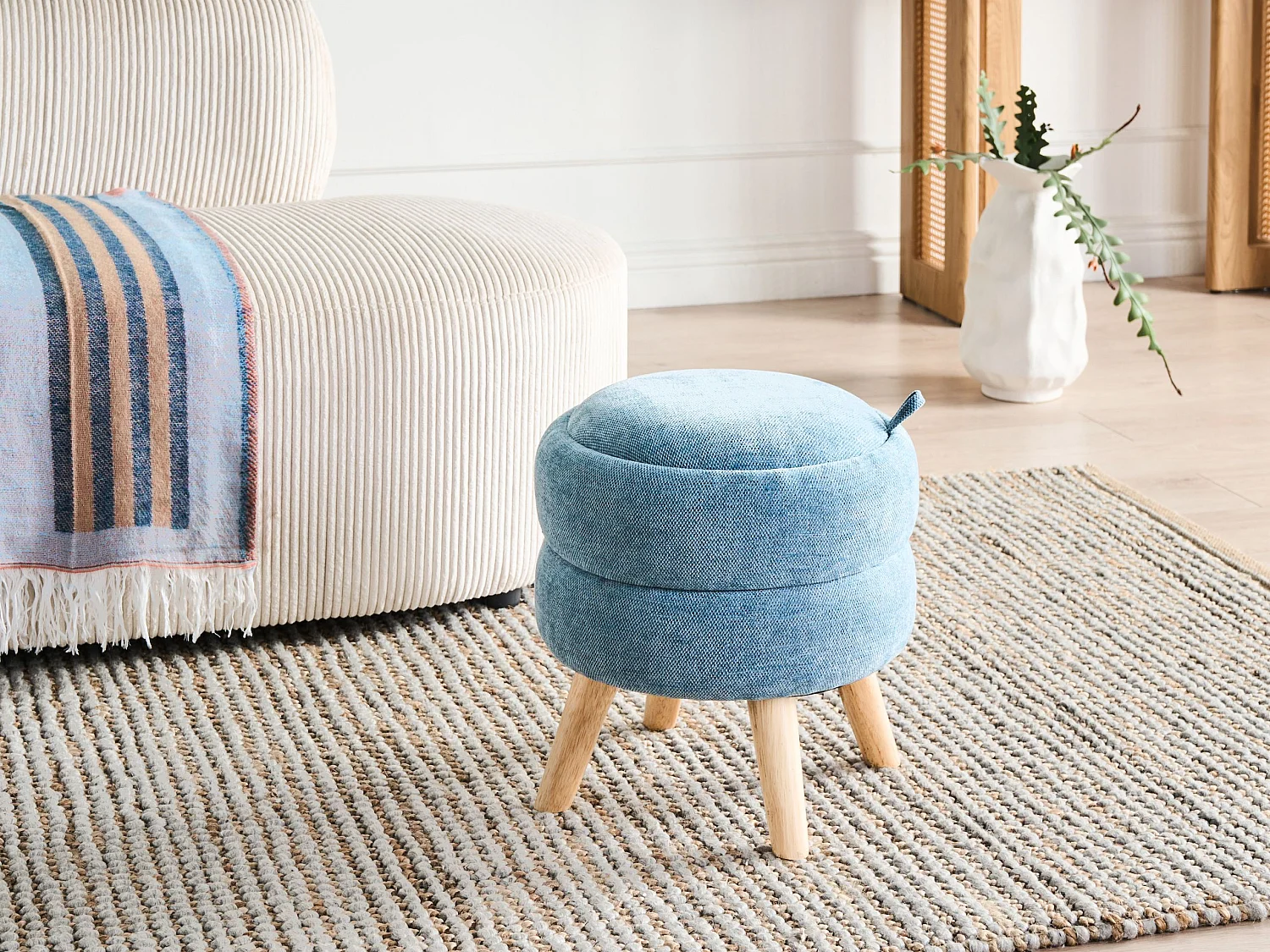 Pouf de rangement HAWLEY Tissu chenille Bleu