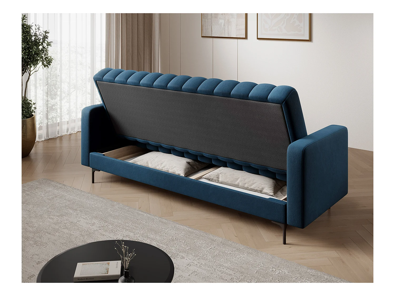 Canapé lit ROMY – Design moderne avec coffre de rangement intégré-Bleu