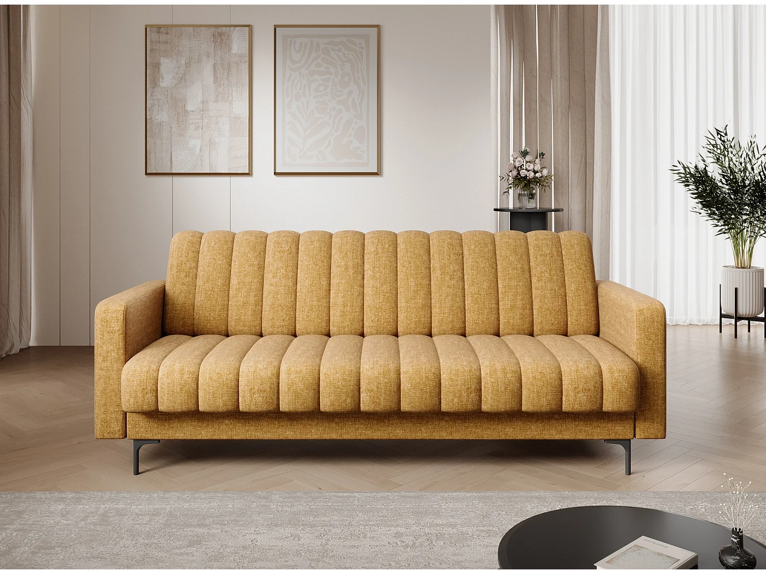 Canapé convertible clic-clac 3 places avec coffre en tissu jaune ROMY