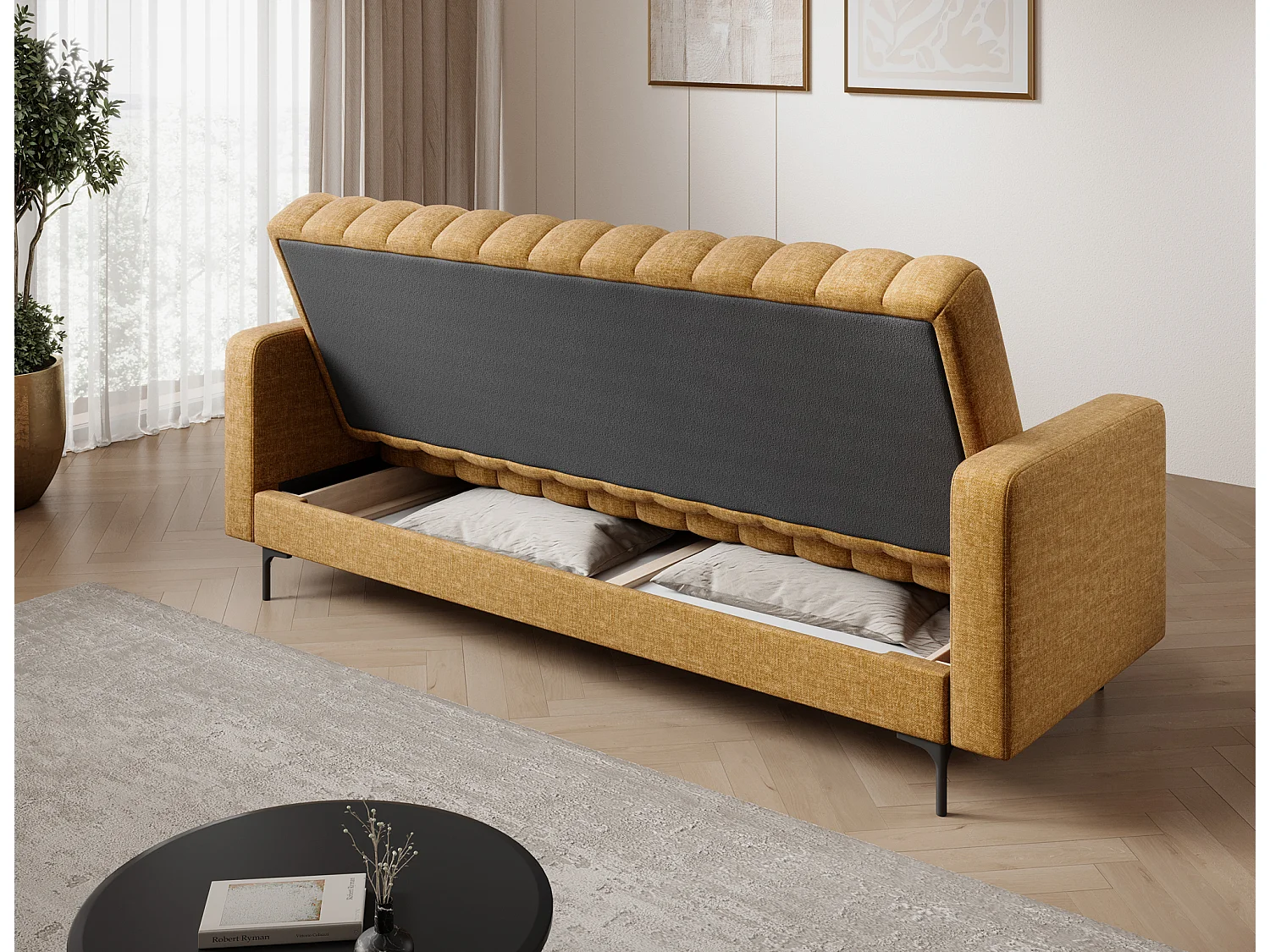 Canapé convertible clic-clac 3 places avec coffre en tissu jaune ROMY