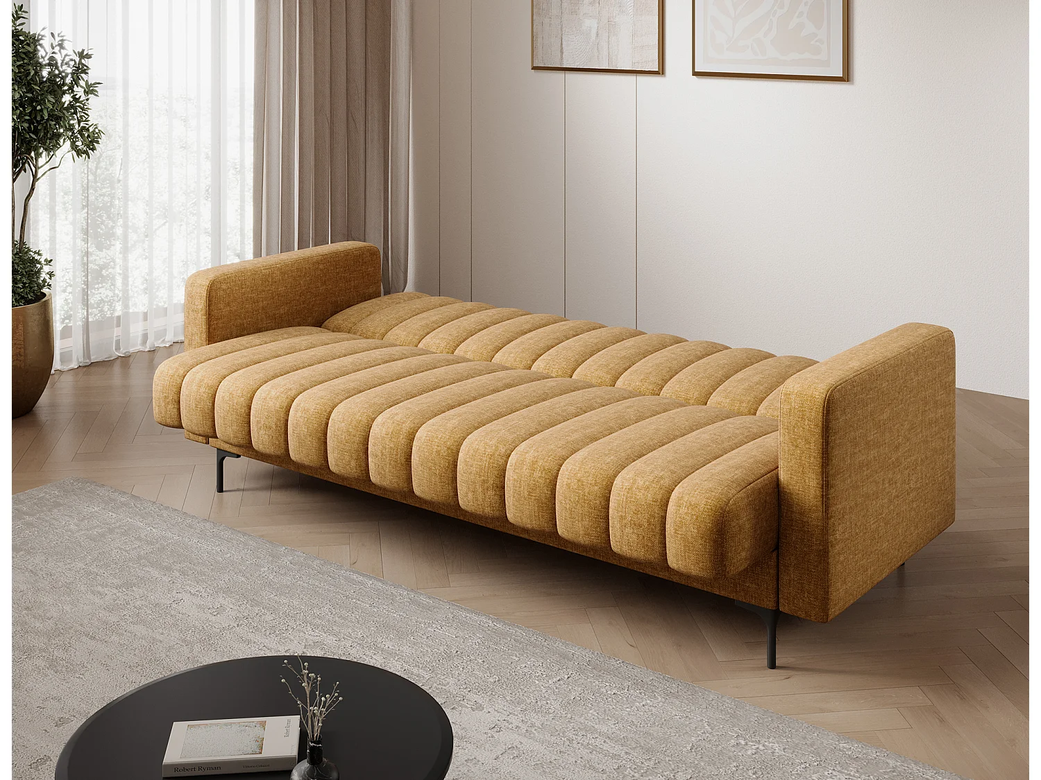 Canapé convertible clic-clac 3 places avec coffre en tissu jaune ROMY