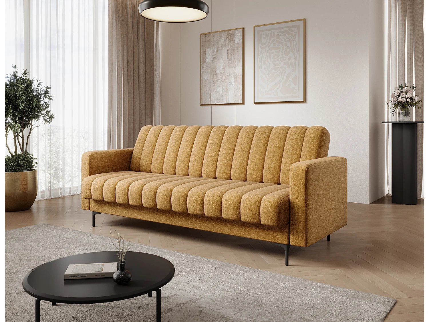 Canapé convertible clic-clac 3 places avec coffre en tissu jaune ROMY