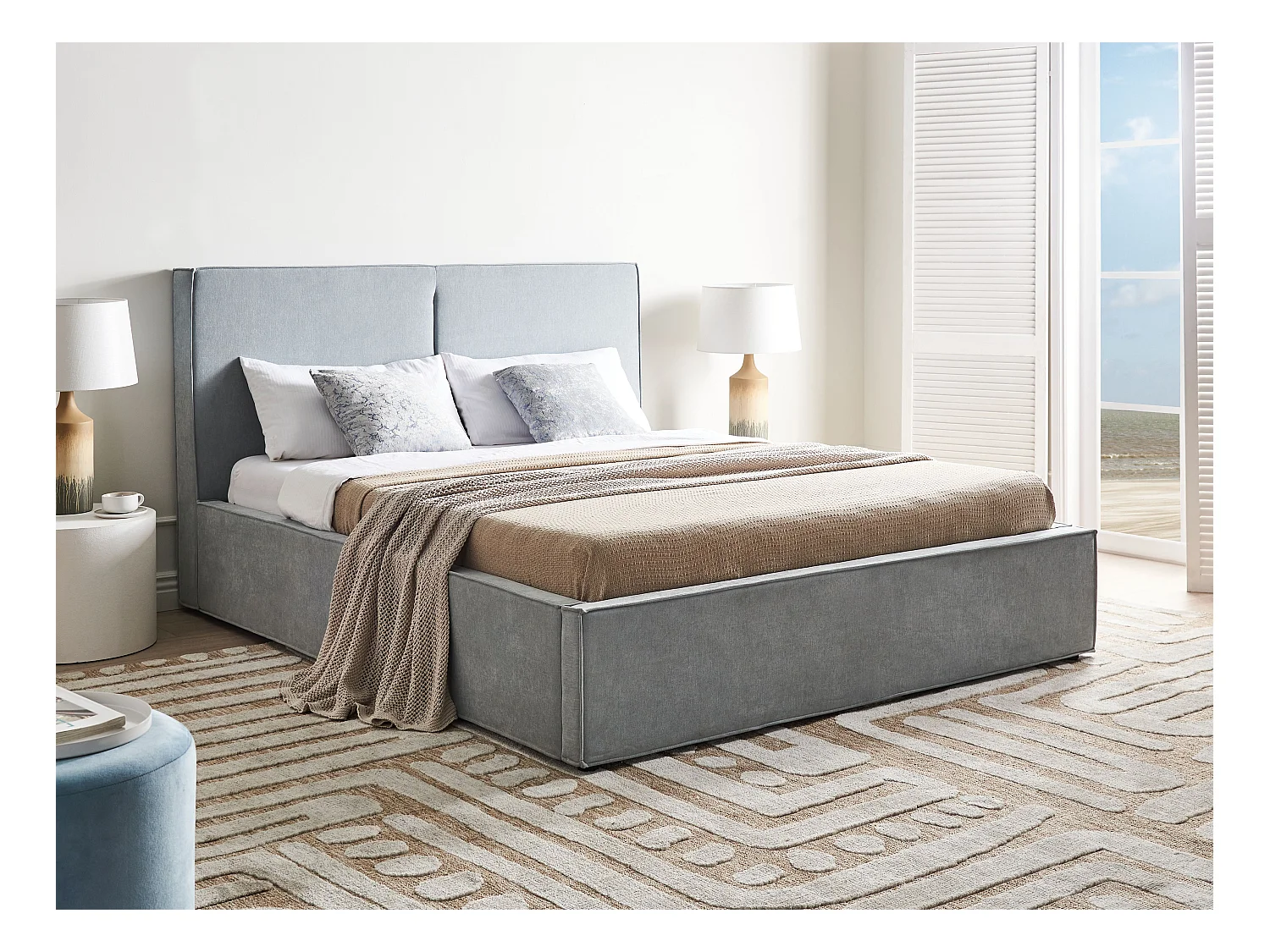 Lit ottoman Tissu MOISSAC 160 x 200 cm Bleu clair