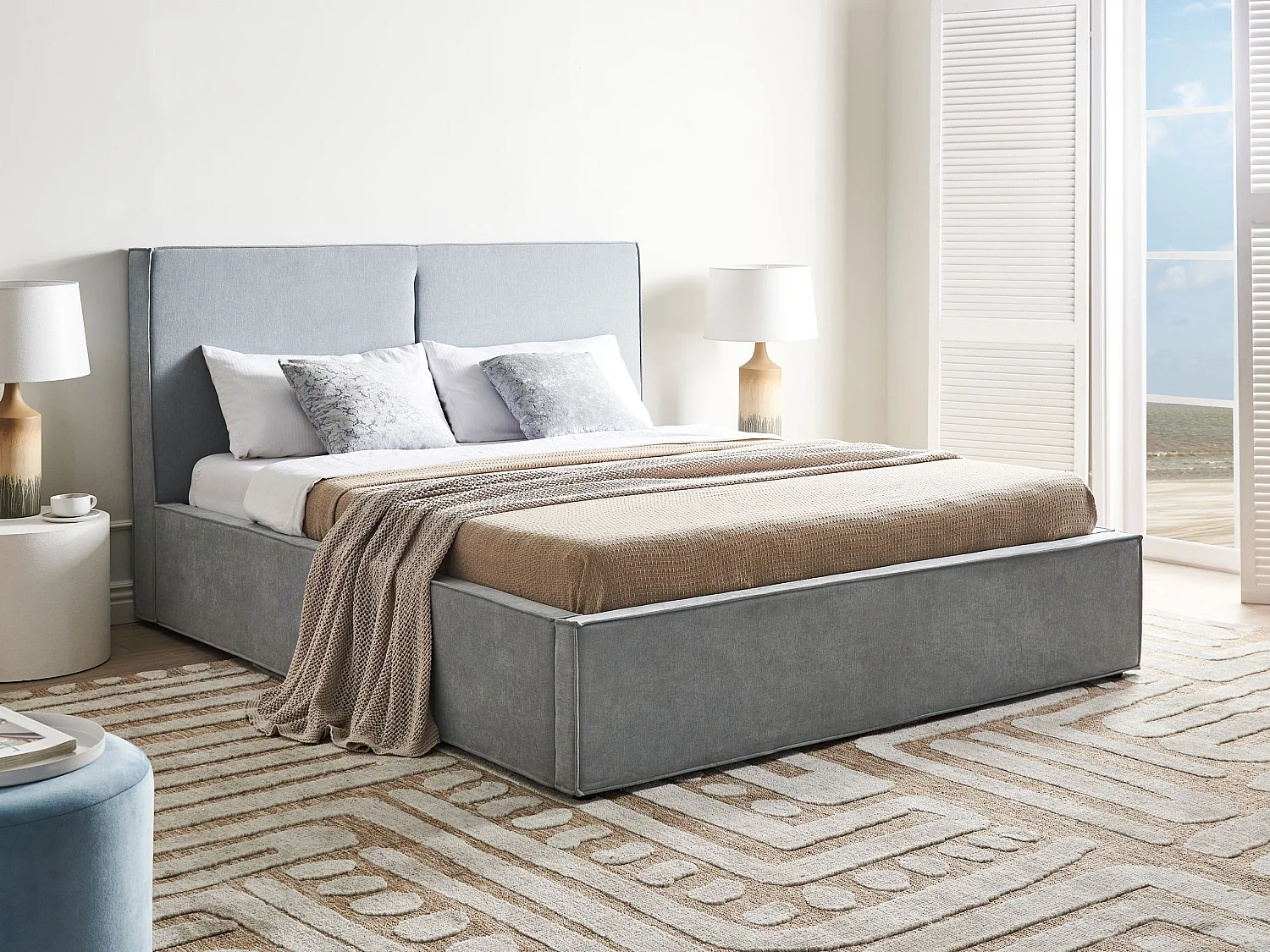 Lit ottoman Tissu MOISSAC 160 x 200 cm Bleu clair