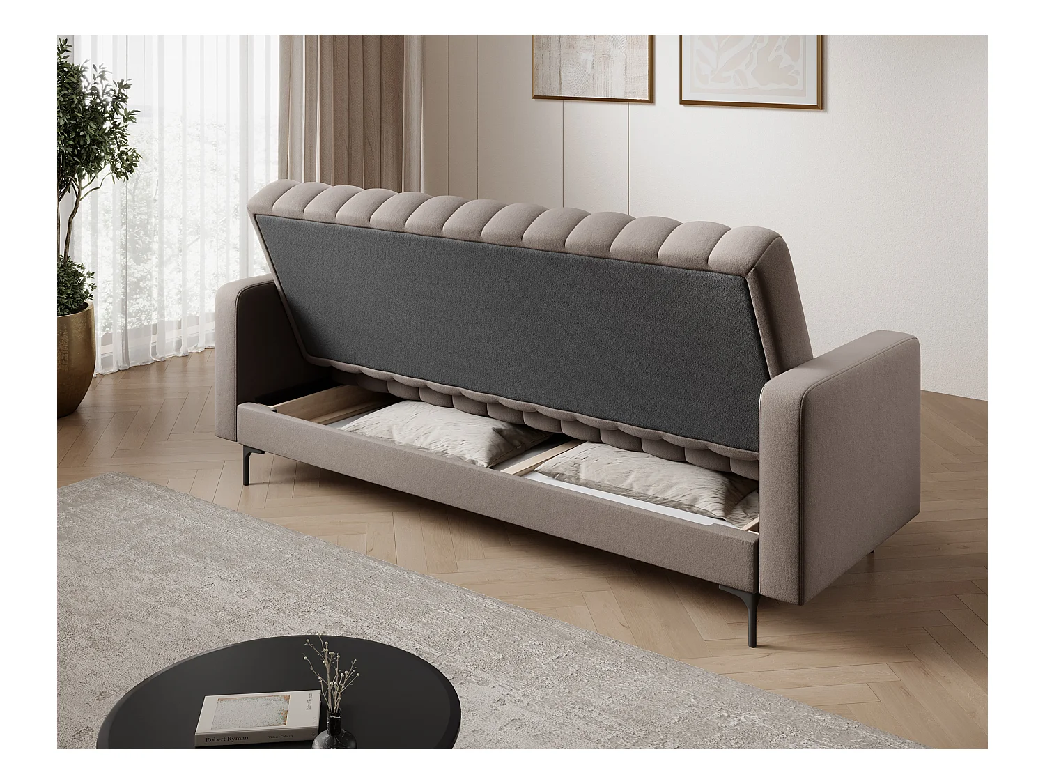 Canapé lit ROMY – Design moderne avec coffre de rangement intégré-Taupe