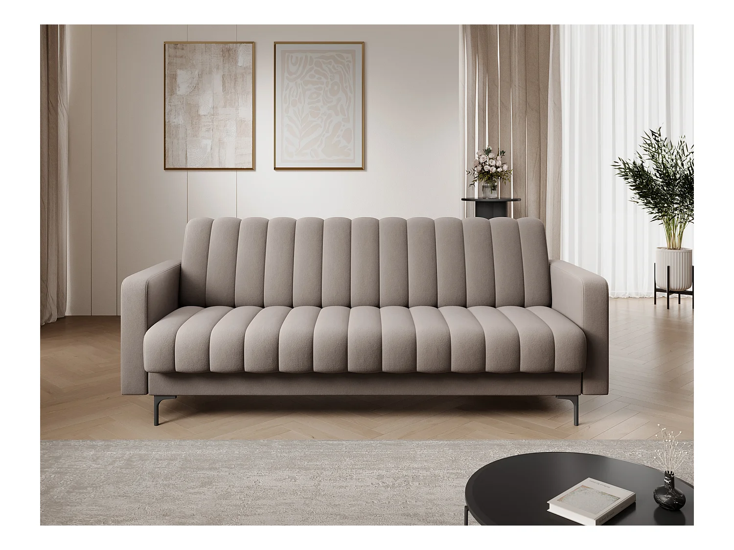 Canapé lit ROMY – Design moderne avec coffre de rangement intégré-Taupe