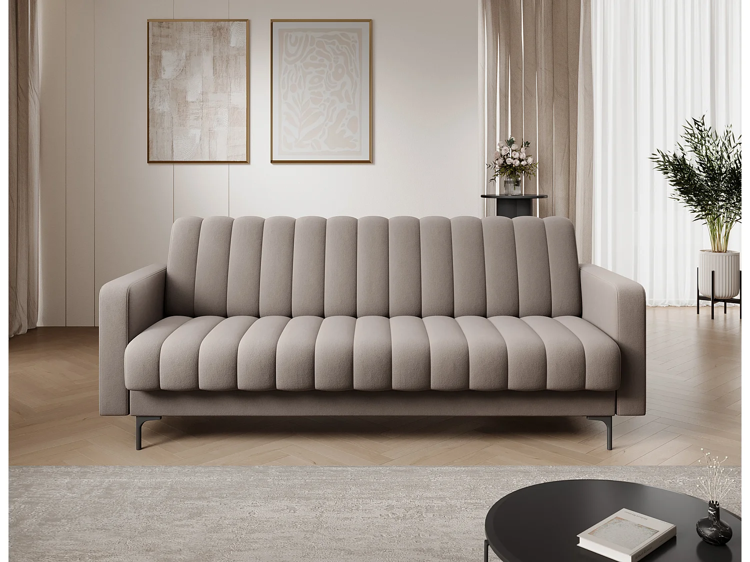 Canapé lit ROMY – Design moderne avec coffre de rangement intégré-Taupe