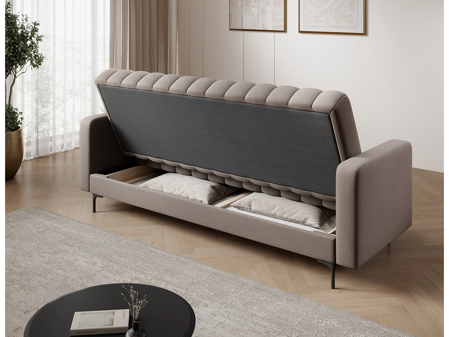 Canapé lit ROMY – Design moderne avec coffre de rangement intégré-Taupe