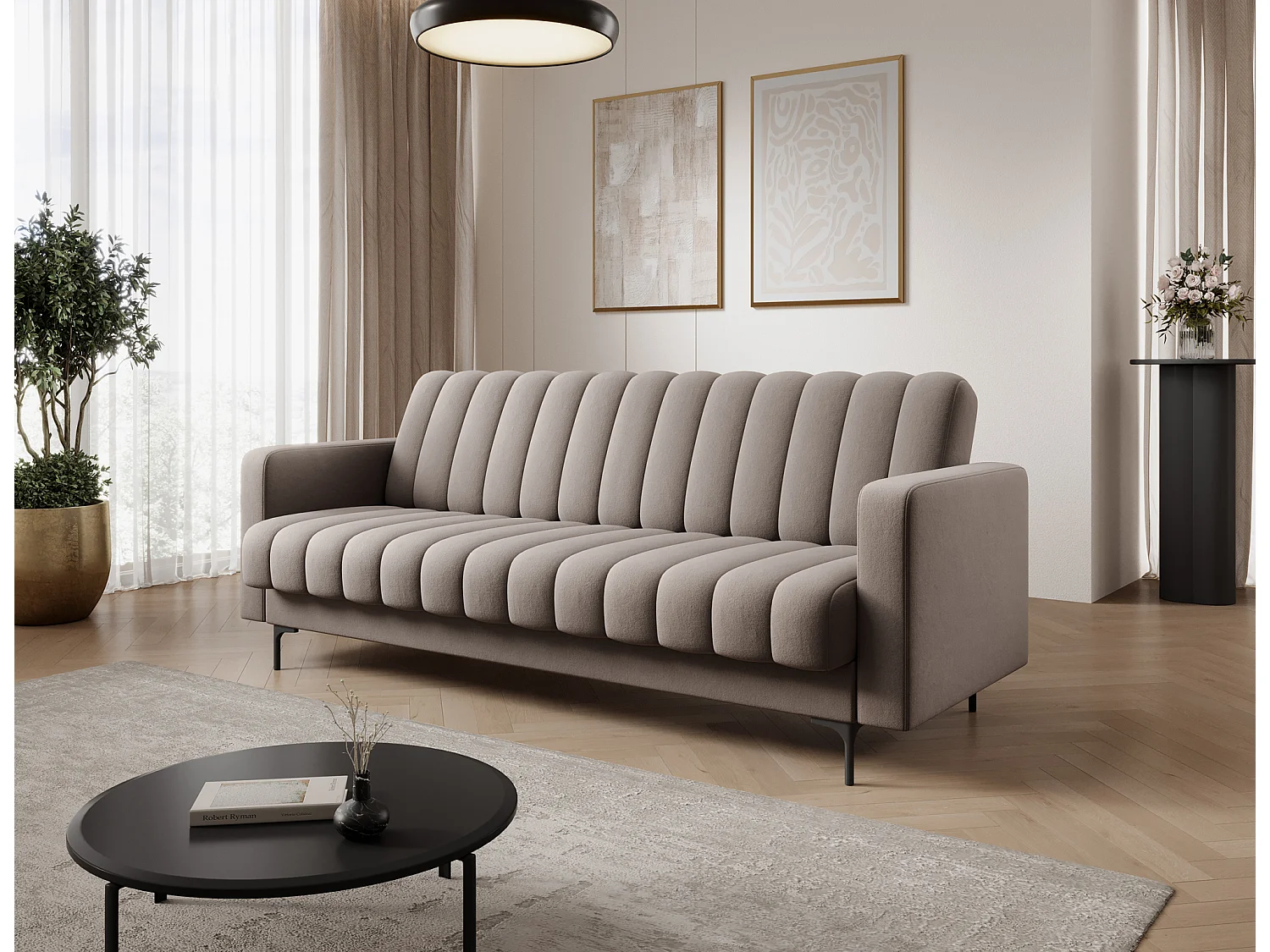 Canapé lit ROMY – Design moderne avec coffre de rangement intégré-Taupe