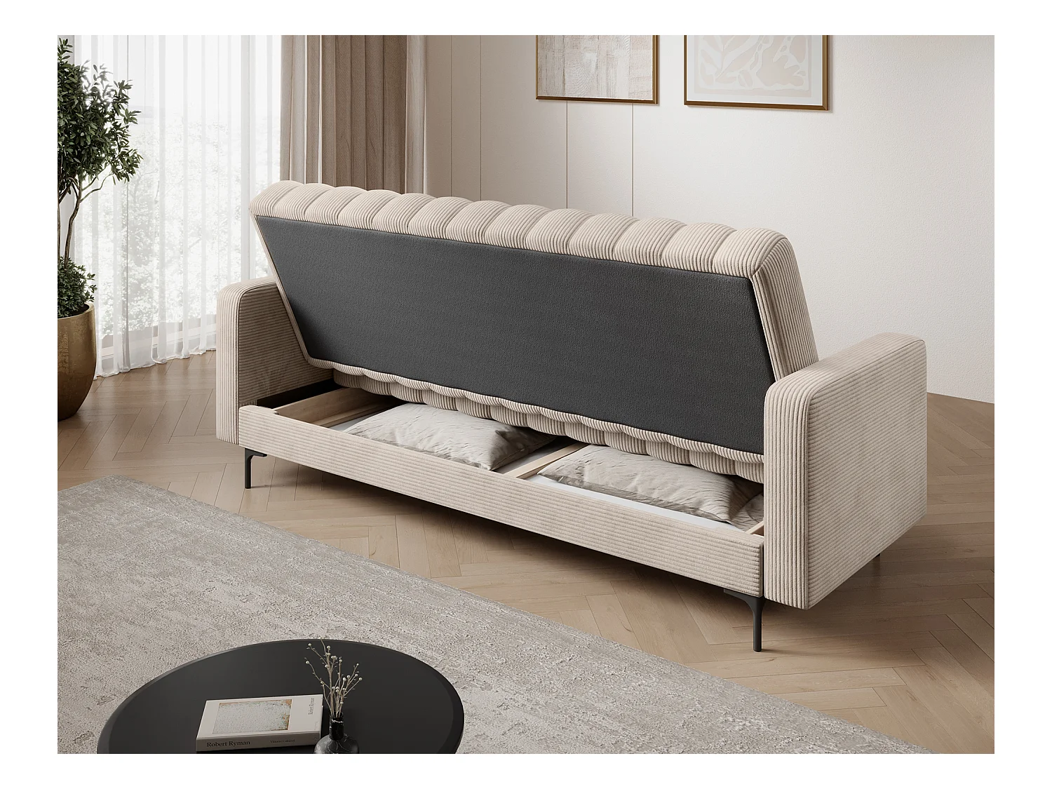 Canapé lit ROMY – Design moderne avec coffre de rangement intégré-Beige clair