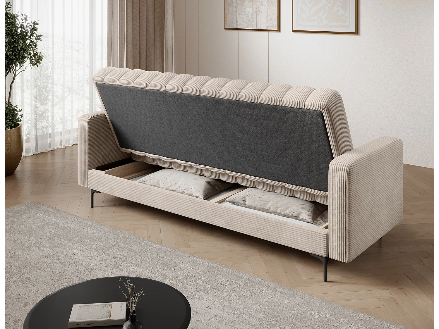 Canapé lit ROMY – Design moderne avec coffre de rangement intégré-Beige clair