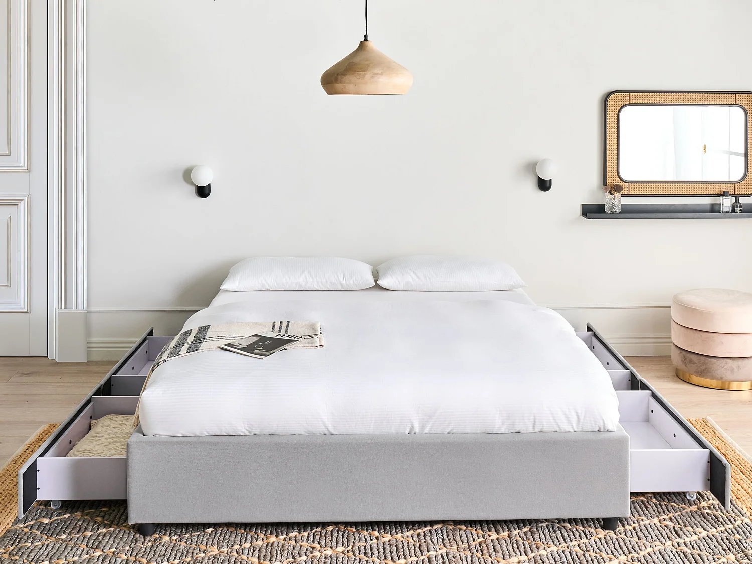 Lit avec tiroirs de rangement sans tête de lit Tissu PRADES 160 x 200 cm Gris clair