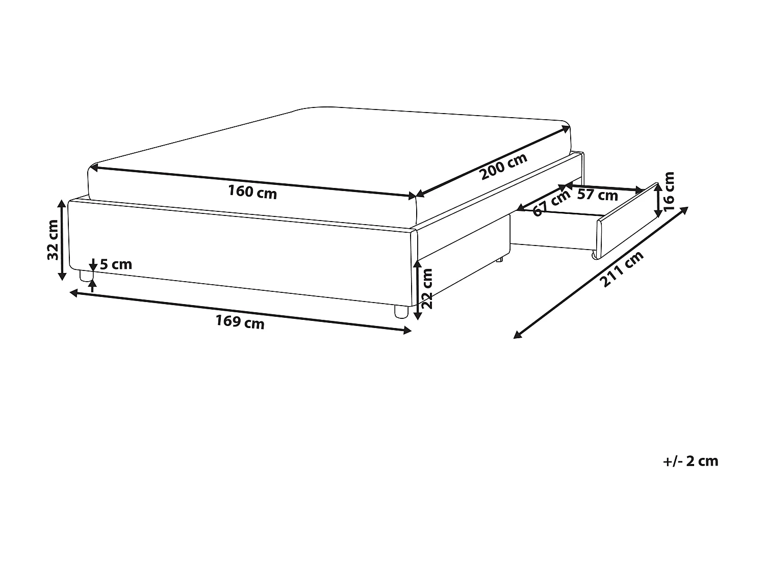 Lit avec tiroirs de rangement sans tête de lit Tissu PRADES 160 x 200 cm Gris clair