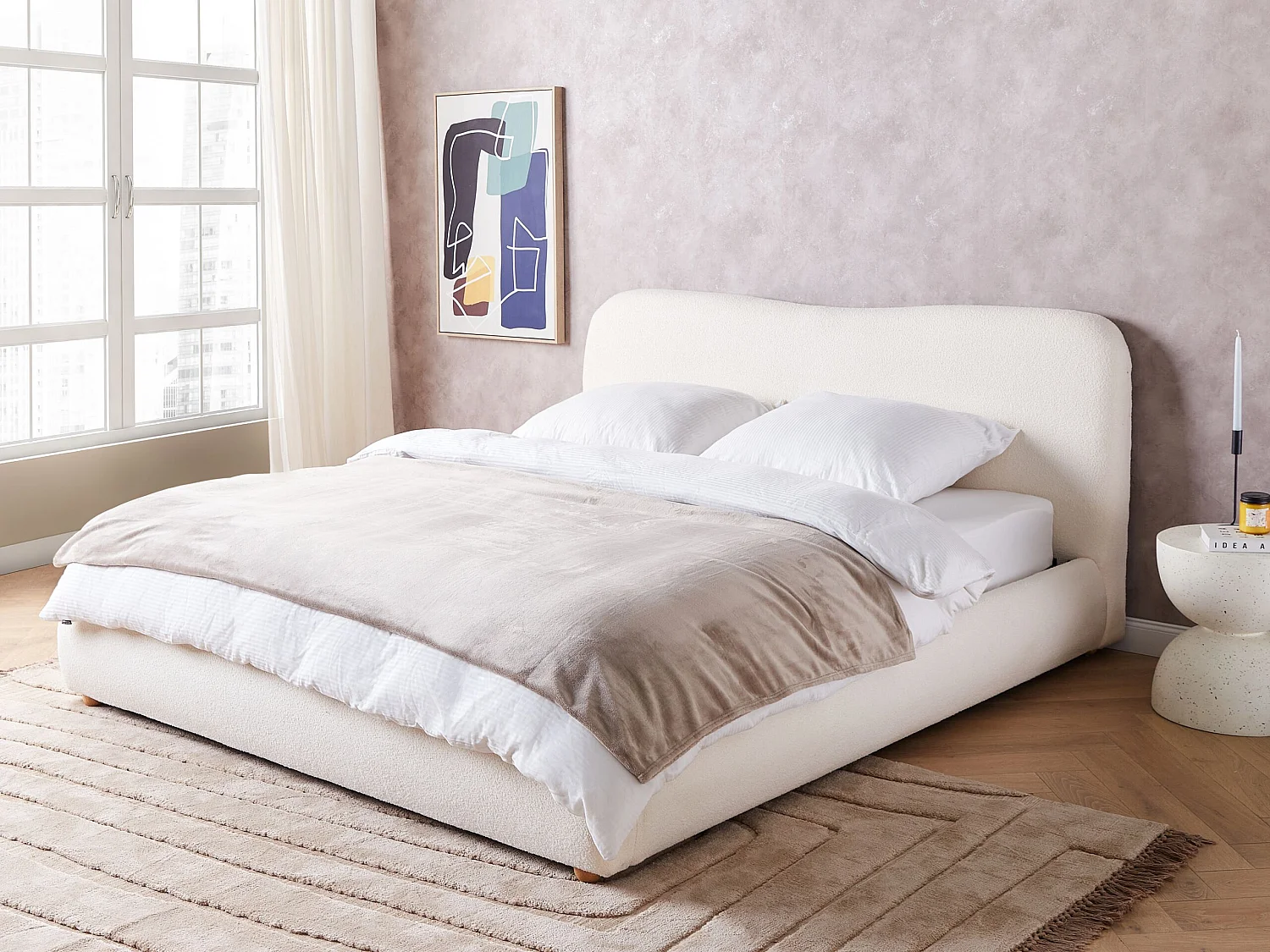 Lit ottoman Bouclé BLAGNAC 180 x 200 cm Blanc cassé