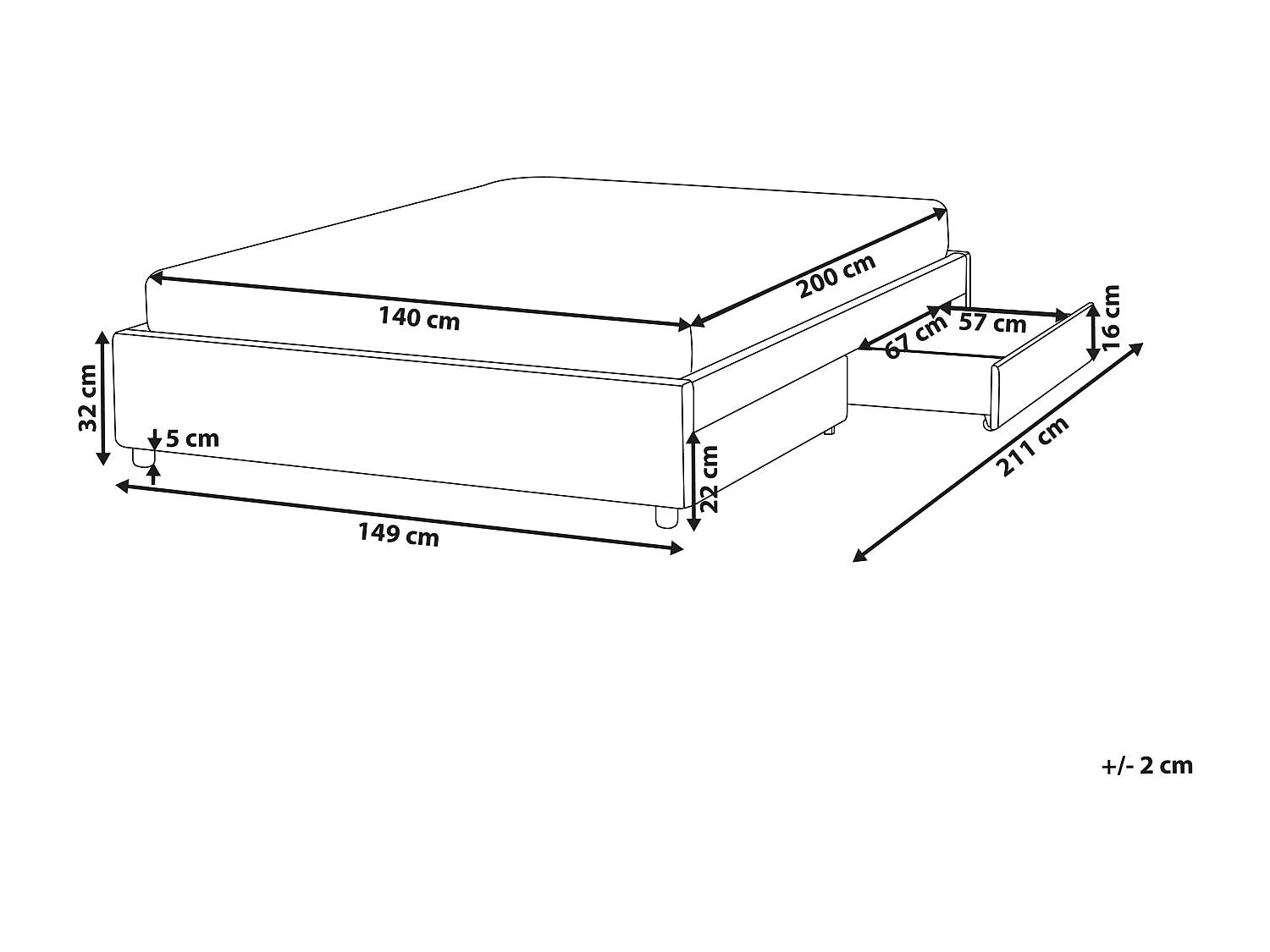 Lit avec tiroirs de rangement sans tête de lit Tissu PRADES 140 x 200 cm Gris clair