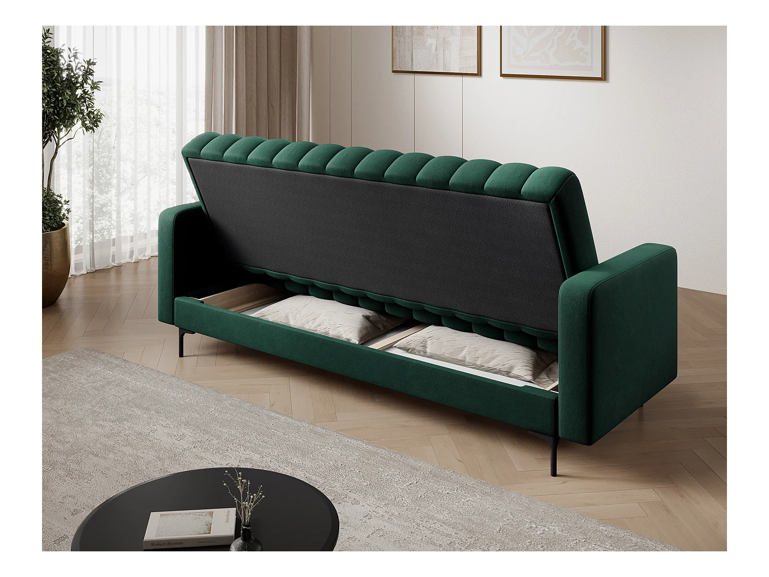 Canapé lit ROMY – Design moderne avec coffre de rangement intégré-Vert