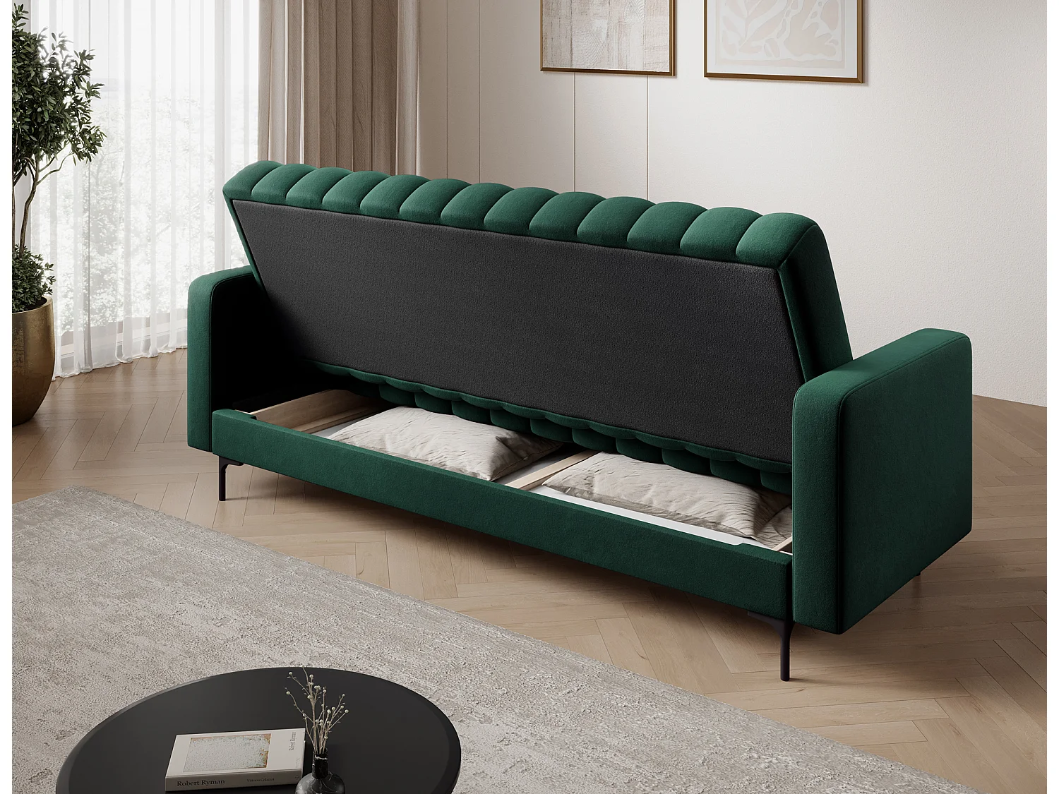 Canapé lit ROMY – Design moderne avec coffre de rangement intégré-Vert
